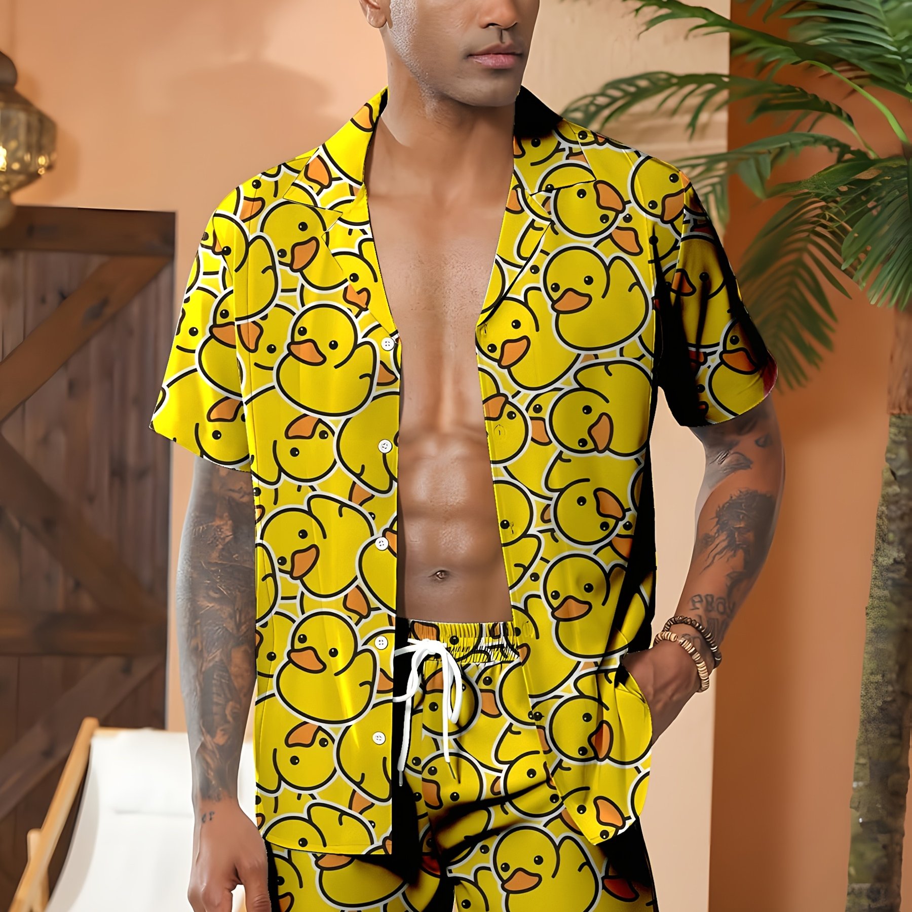 Image of Cartoon Little Yellow Duck Print Men's Casual Fashion Shirt Shorts Set Beach Gym Loose Fit Men's Clothing