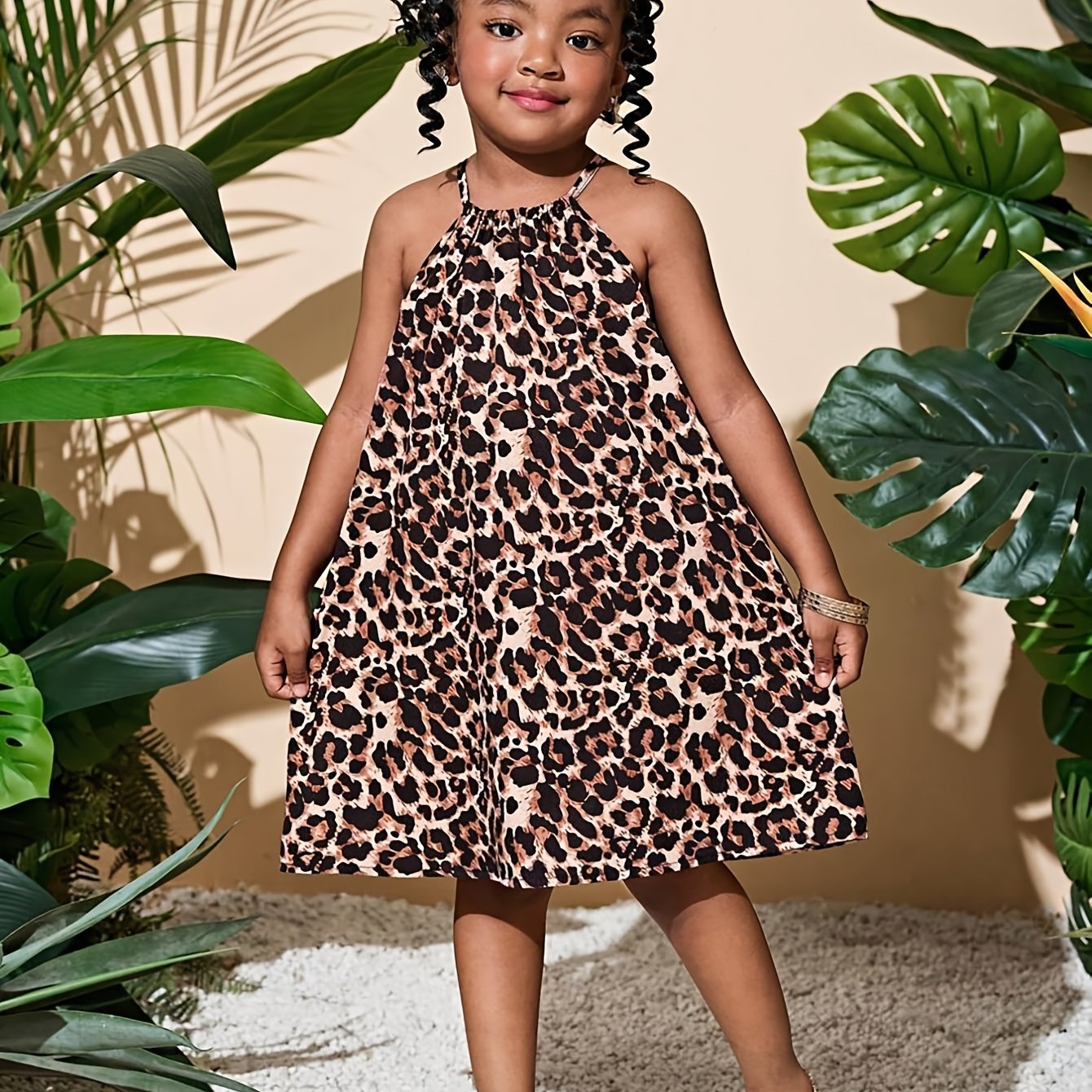 Girls' Leopard Print Neckline Dress - Form-fitting Sleeveless Casual 's Summer Wear, For Teenager