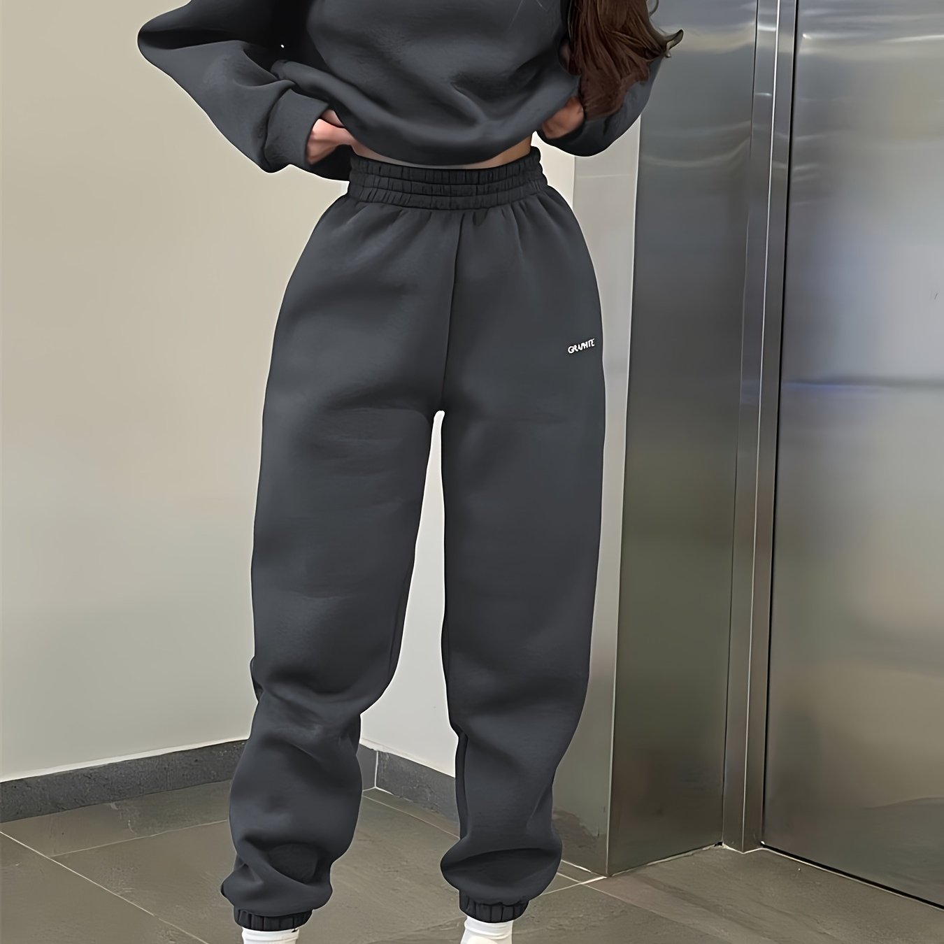 TEMU 2pcs Casual Set, Letter Pattern Warm Crew Neck Sweatshirt & Running Jogger Pants Suit, Women's Activewear