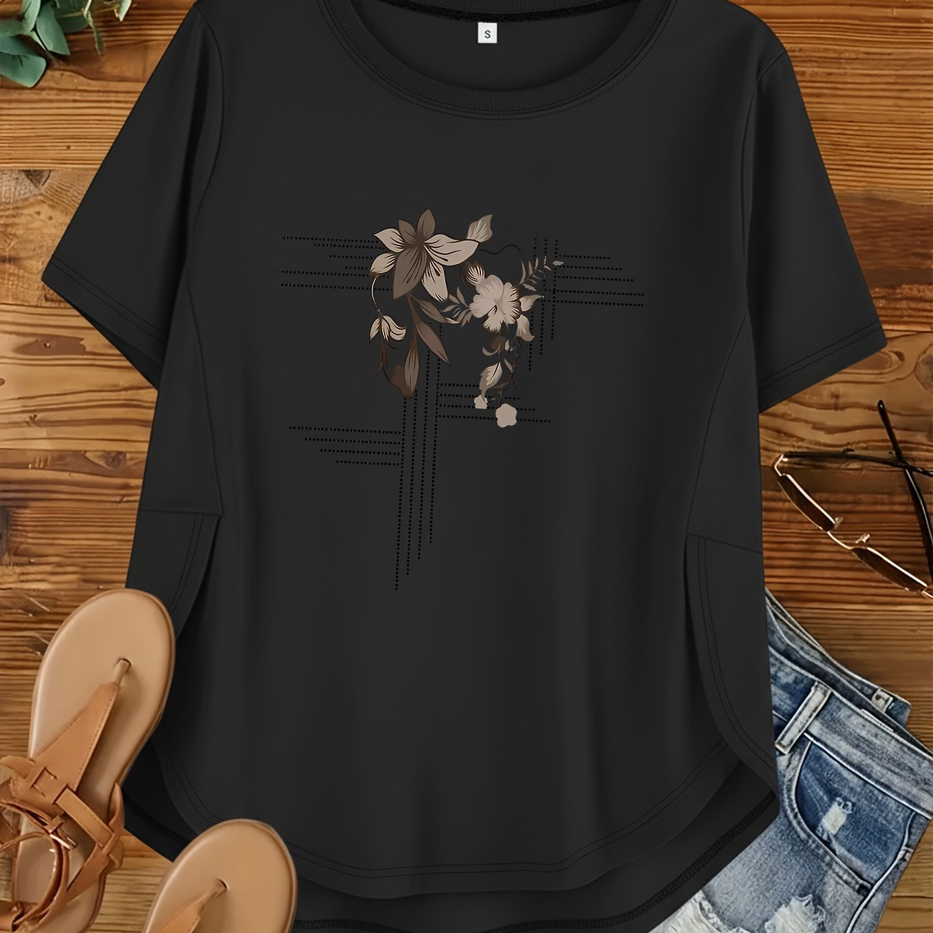 TEMU Plus Size, Plus Size Women's Loose Crew Neck Printed Short Sleeve T-shirts For