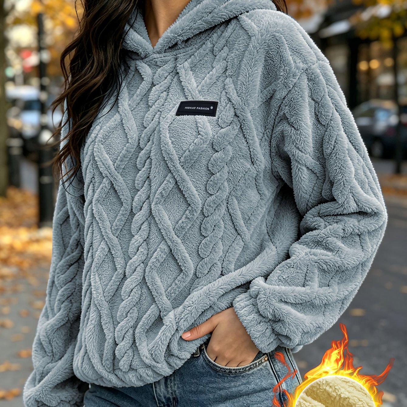 TEMU Sweat à capuche en élégant et tendance pour femmes, automne-hiver, et face, tissu jacquard épais texturé de couleur unie, haut confortable à