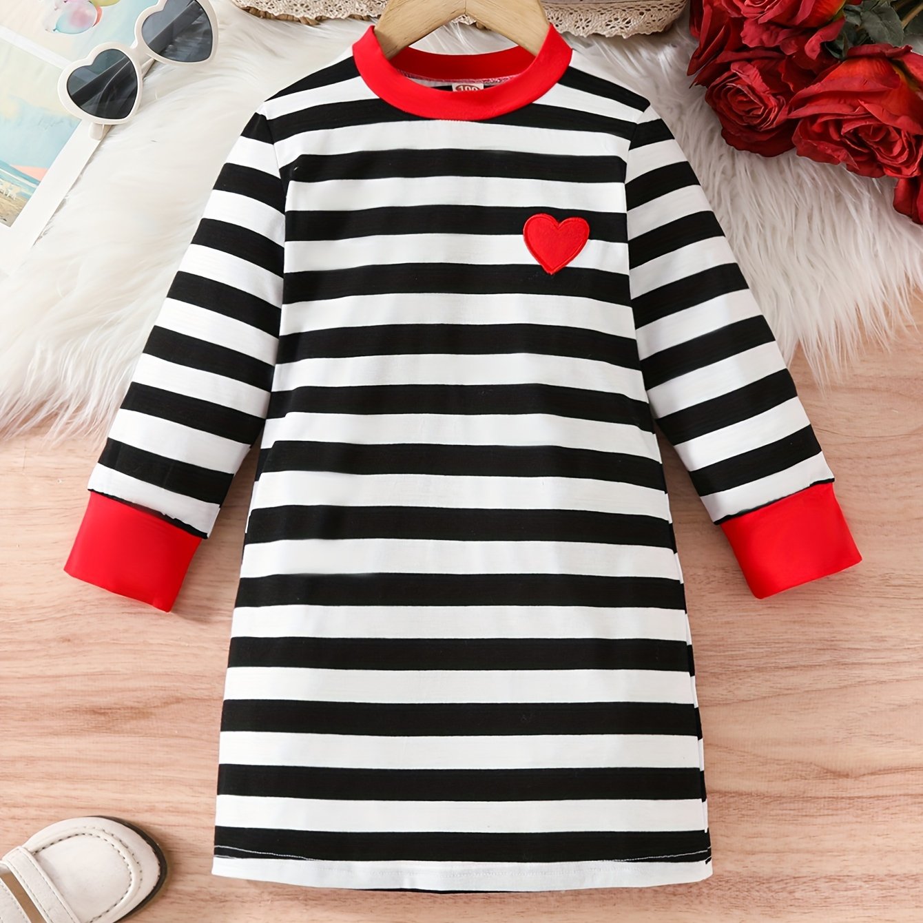 Image of Girls' Round-neck Long-sleeve Dress With And . Red The Collar And Cuffs Adds A , While The Patch Embroidery On Adds A Touch. Perfect For School Outfits, Weekend Shopping