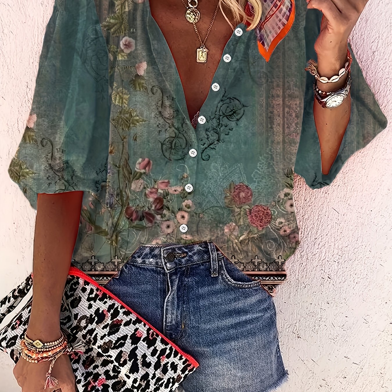 E-shop Damen Bluse im Vintage-Ethno-Stil mit Blumenmuster, 3/4 Ärmel, lässiges Damenoberteil mit Rundhalsausschnitt