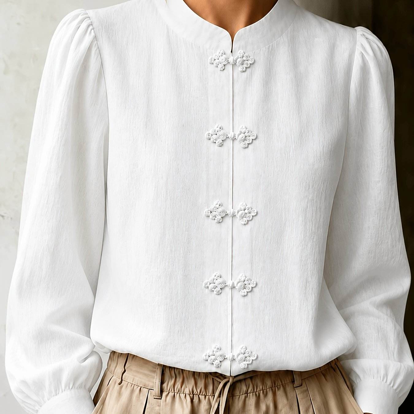TEMU Chemise à manches longues grande taille pour femmes, blouse boutonnée de style chinois en tissu texturé uni avec col