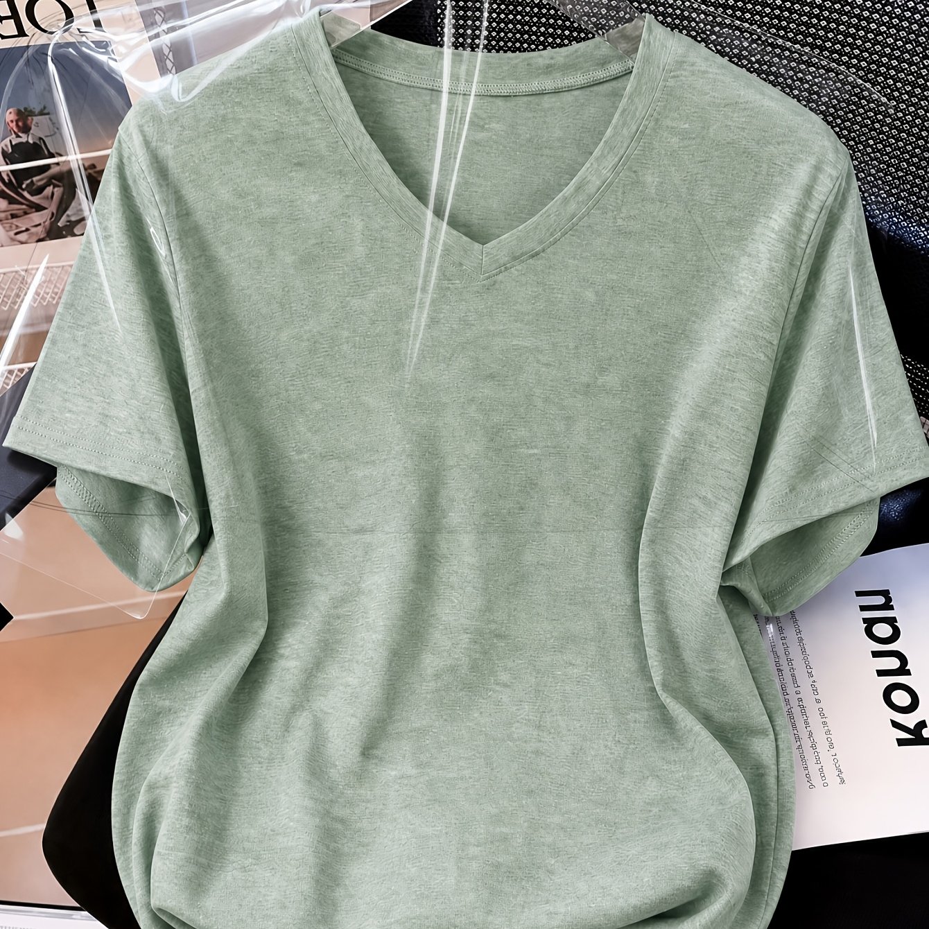 TEMU Plus Size - Women's Plus Size V-neck T-shirt, Solid Casual Short Sleeve Top, Loose Fit Coverage Suitable For Daily Wear Commuting Outdoor And