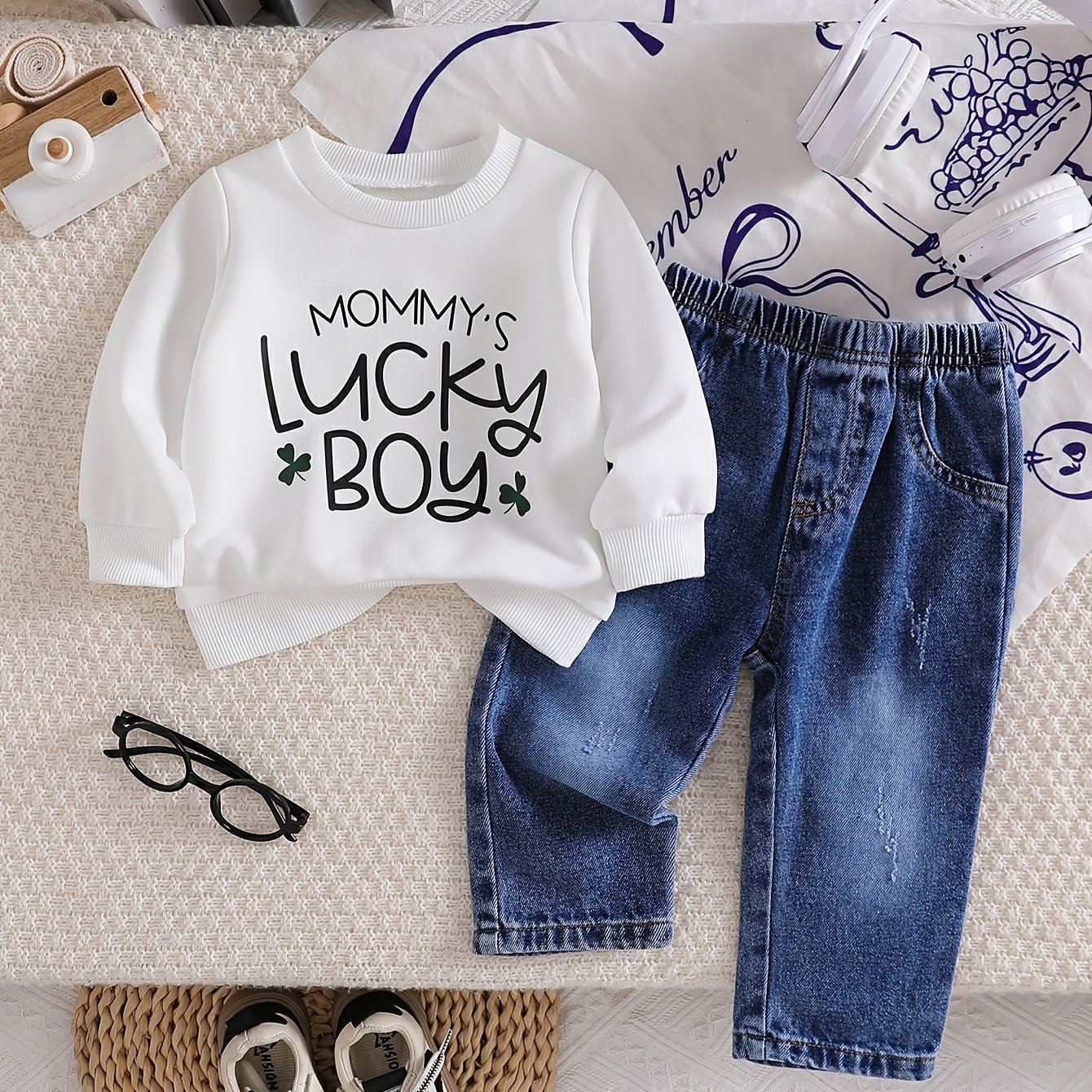 Image of Baby Newborn Christmas Valentine's And Autumn Jeans With Cool Sweatshirt 2pcs Set, For Outdoor, Boys And Girls Clothes