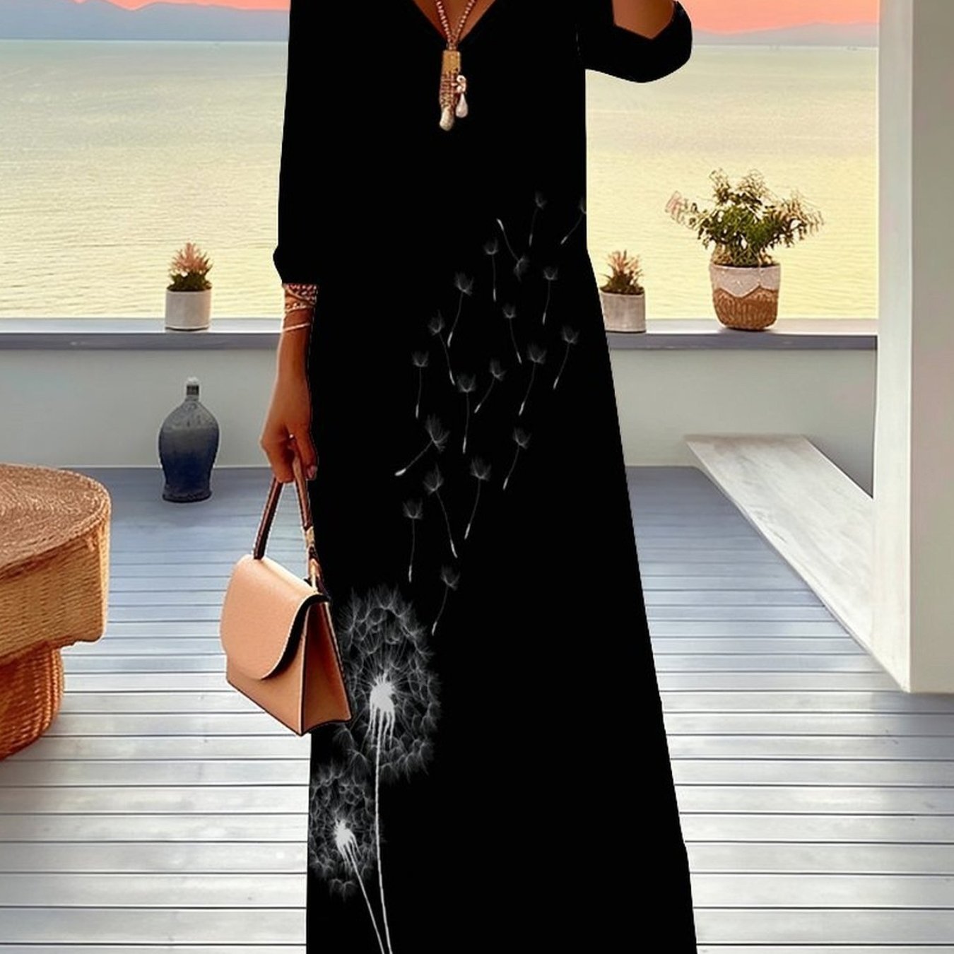 Plus Size, Women's Dress, Women's Plus Size Dress, Floral And , Full Body Print, Party Occasion, Casual Vacation, Elegant Women's Fashion, V-neck, Mid Sleeved Jumpsuit, Long Skirt