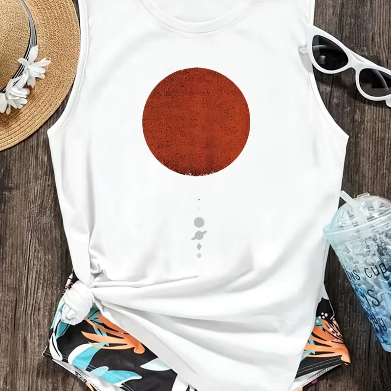 TEMU Women's Crew Neck Sleeveless Casual Tank Top, Minimalist Vintage Distressed Red Sun And System Planet Graphic Print Vest, Soft Loose-fit Sling