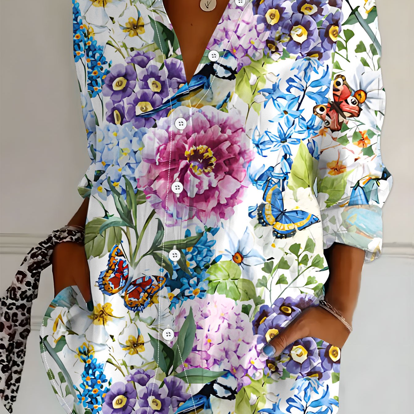 TEMU Plus Size, New Plus Size Women's Long Sleeve Printed Shirt, Versatile And Elegant Shirt For Women With Floral, , And Bird Watercolor Patterns,
