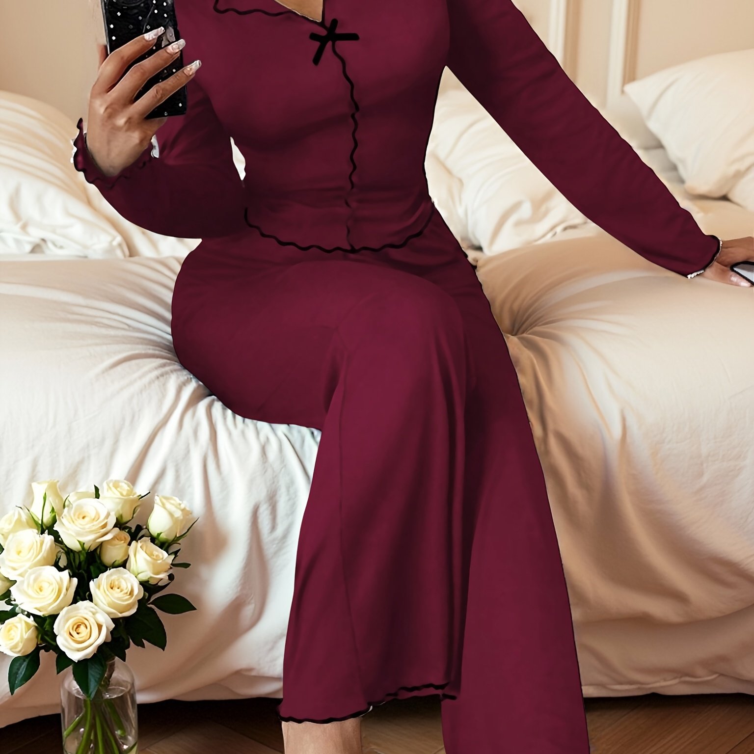 Women' Color Slim Fit Long-sleeved Collared Top And Pants Pajama Set With Contrasting Trim, Easy, Stylish And Loungewear Set