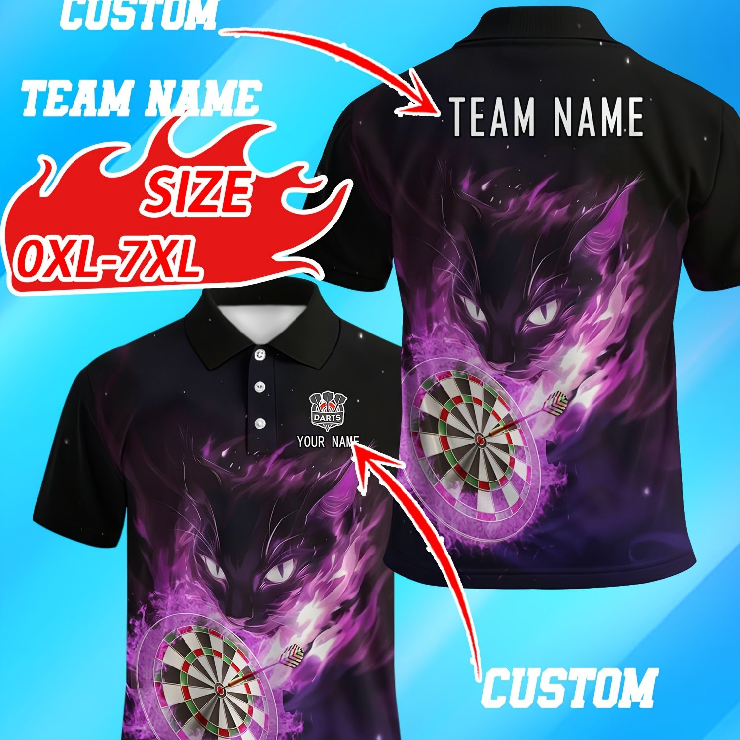 TEMU Personalized Custom Men's Shirt - Darts Themed Purple Flames And Black , Optional Name And Team Name, Suitable For Casual Wear, Sports Training,