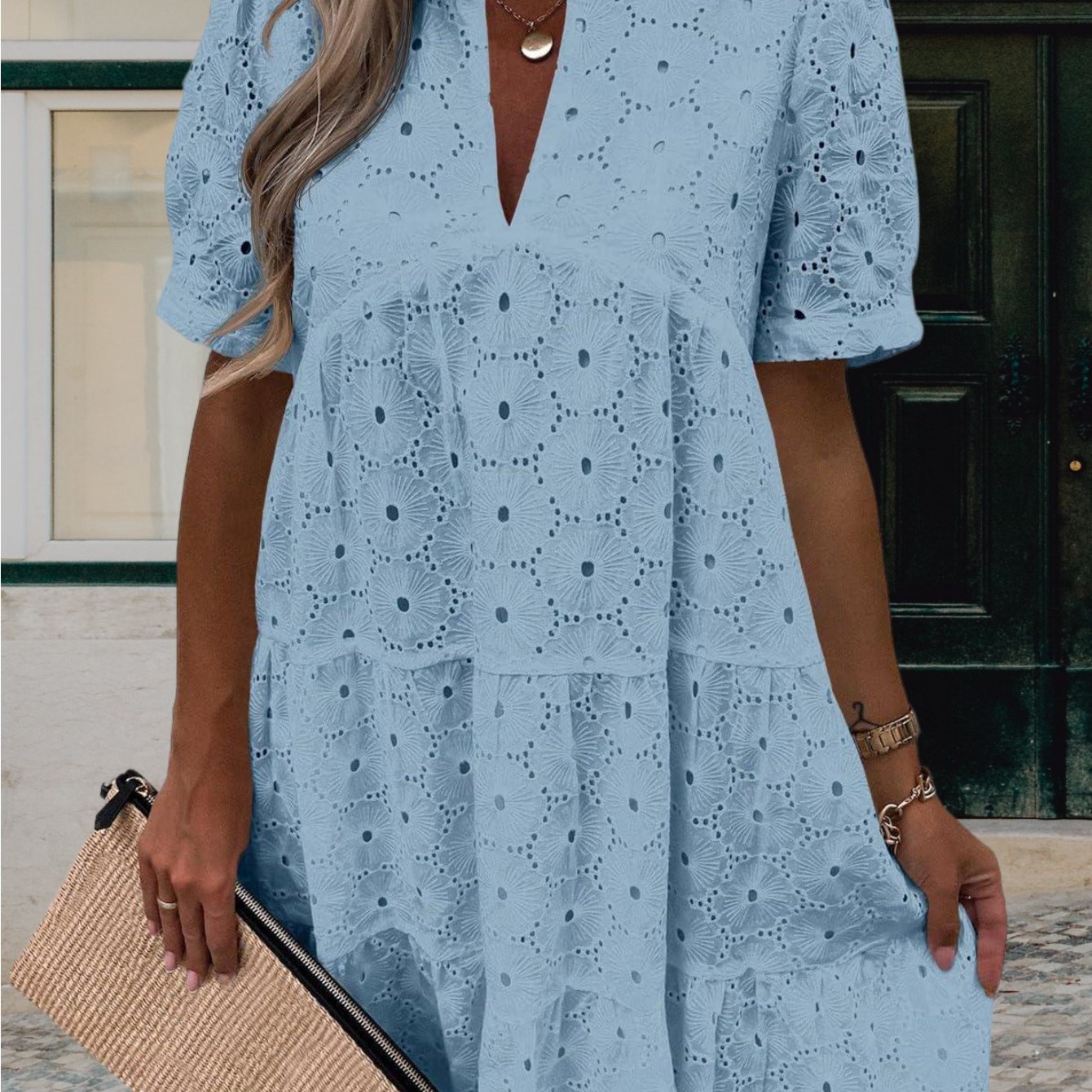 Image of Casual Flowy Babydoll Swing Dress For Women, Featuring Lace And Eyelet Design, Short Sleeves, And A V-neck
