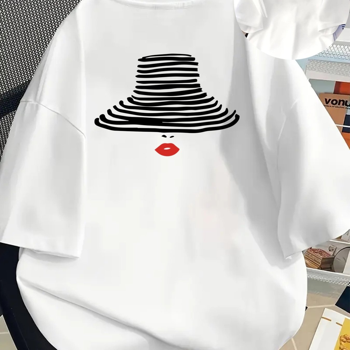 TEMU Striped Hat, Fashion Print T-shirt Short Sleeve Crew Neck Casual Top For Summer And Spring, Women's Clothing