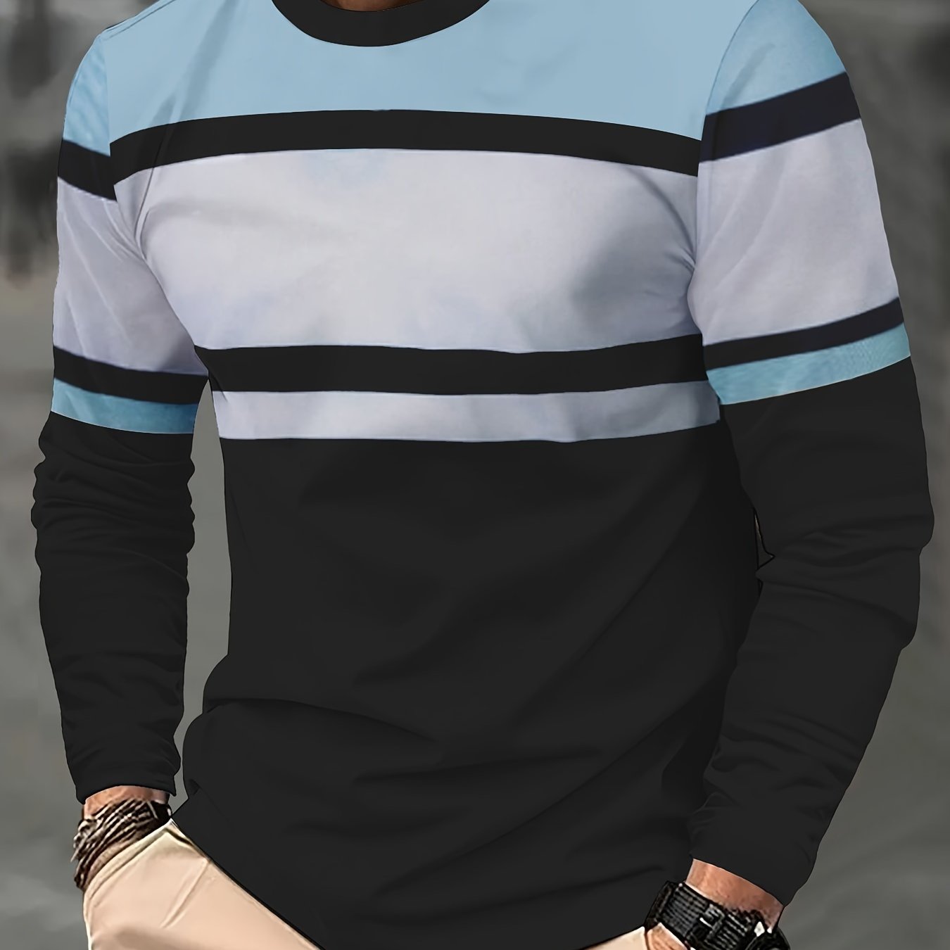 TEMU Men's Casual Contrast Striped Crew Neck T-shirt, Comfortable Long Sleeve Polyester Knit Top, Casual Lightweight Breathable Activewear Tee With Regular Fit -