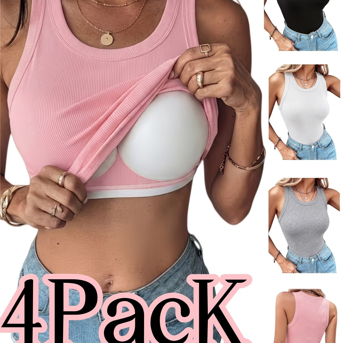 TEMU 4pcs Women's Ribbed Tank Tops With Built-in Bra, Slim Fit Sleeveless Scoop Neck Camisole Pack, Premium Basic Undershirts