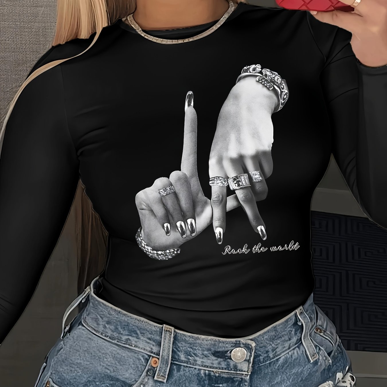 TEMU Y2k Los Angeles Themed Round Neck Long Sleeve T-shirt With Hand Gesture & Lettering Print - Mid- Washable Spring/fall Casual Top Suitable For