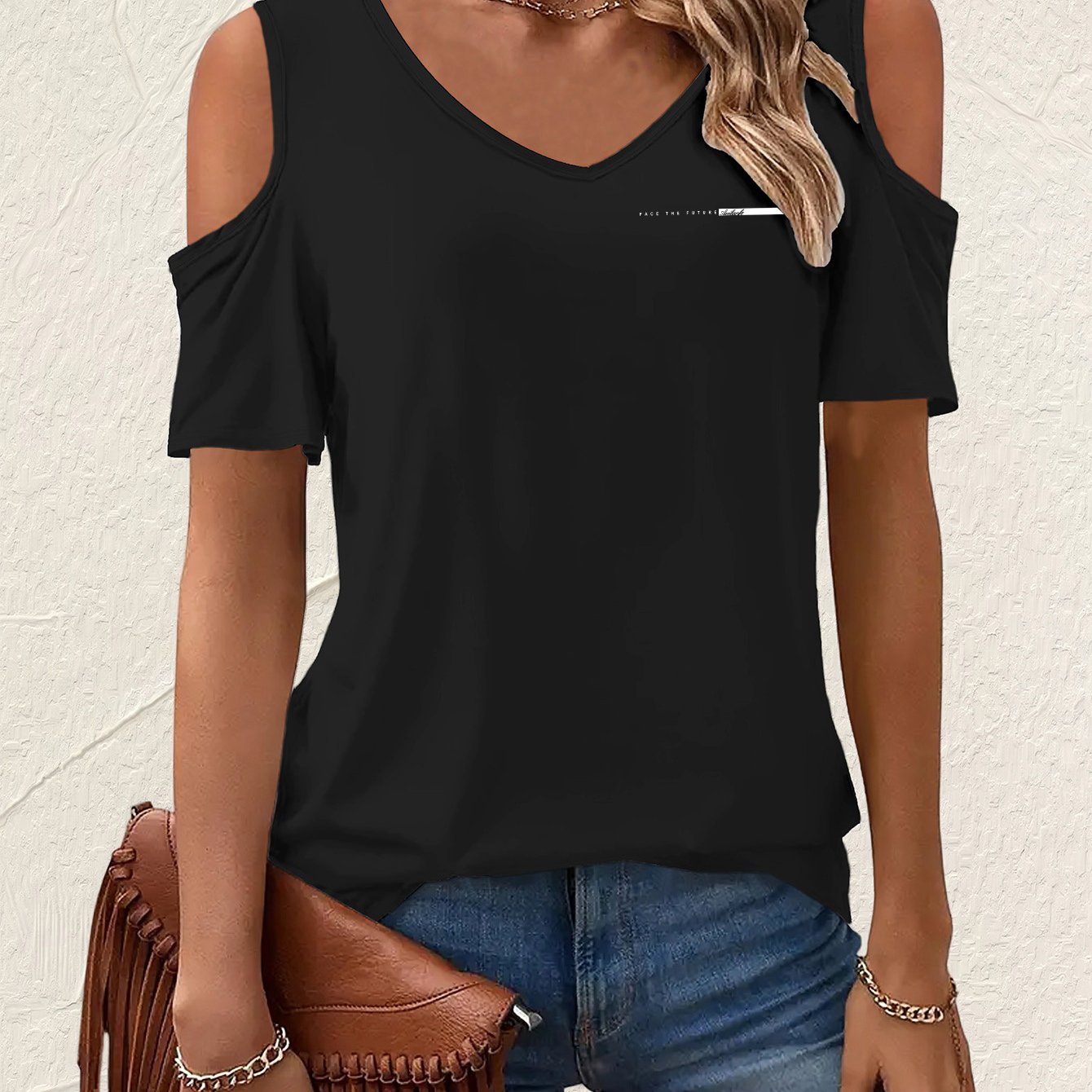 TEMU Graphic Print T-shirt, Short Sleeve V Neck Casual Top For Summer & Spring, Women's Clothing
