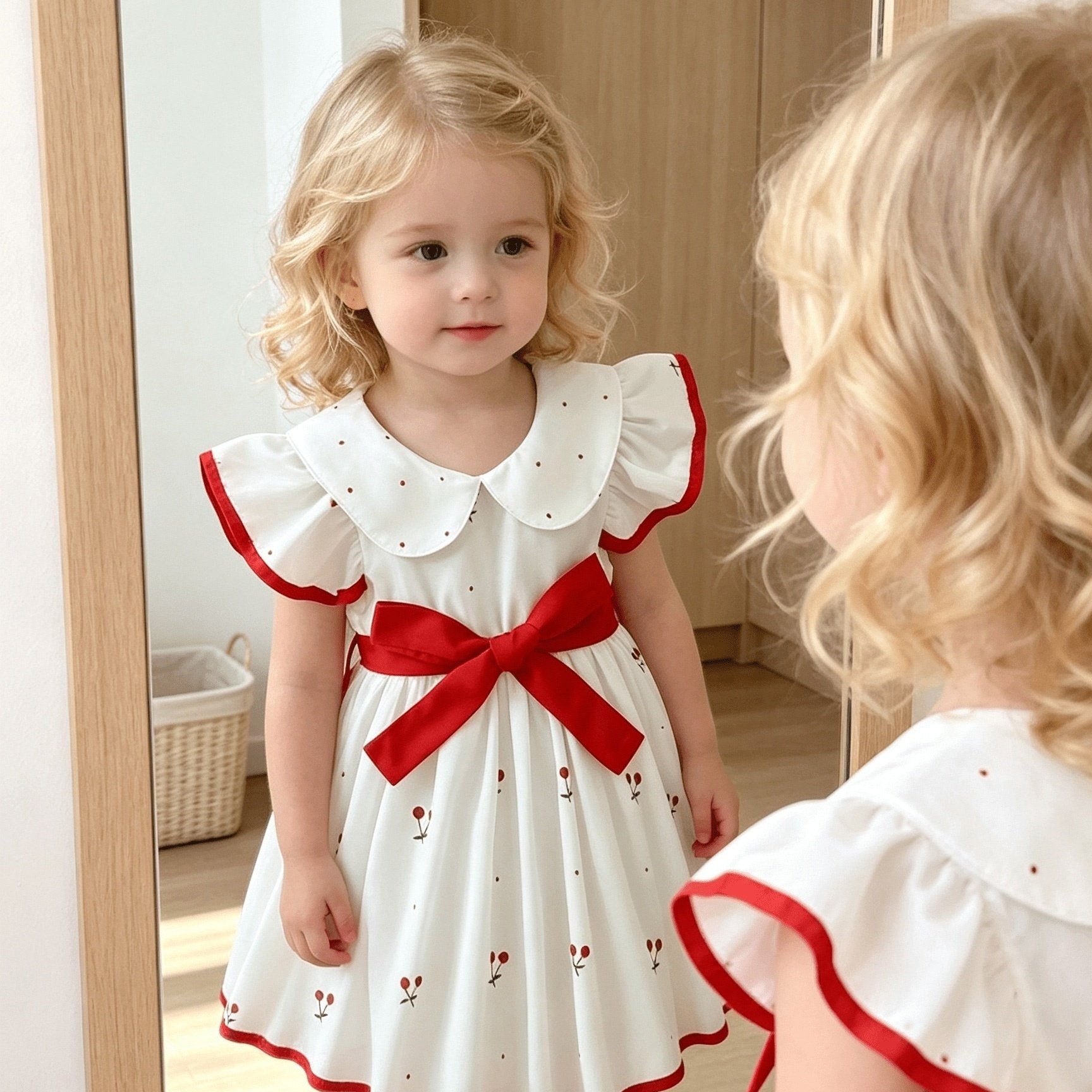 Image of Dress, Cute Lapel Puff Sleeve Bow Princess Dress, Fashionable Casual Dress, Sweet Cherry Print Summer Wear, Daily Versatile Summer Outfit