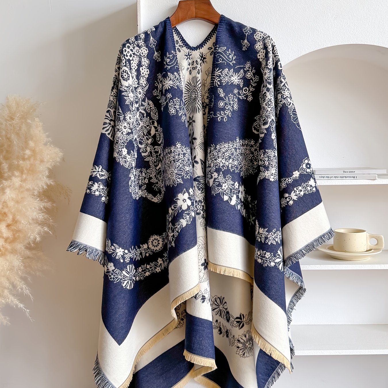 TEMU Plus Size, Plus-size Reversible Mood Cape With Vintage Floral Print, Wearable On Sides, For Autumn/winter Commuting And Travel Outfits