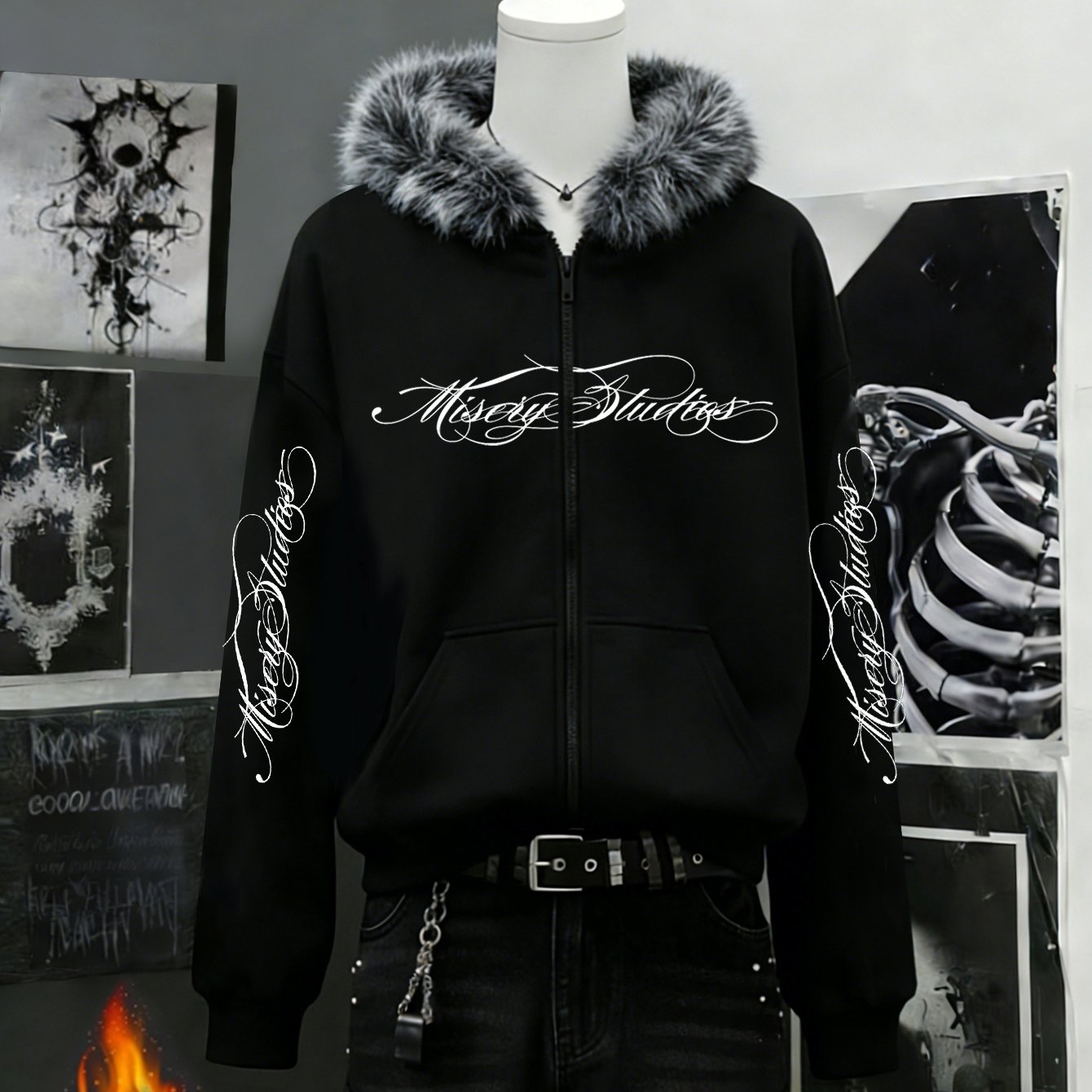TEMU Style Cursive Letter Print Collar Hooded Sweatshirt Men's Winter Zipper Jacket