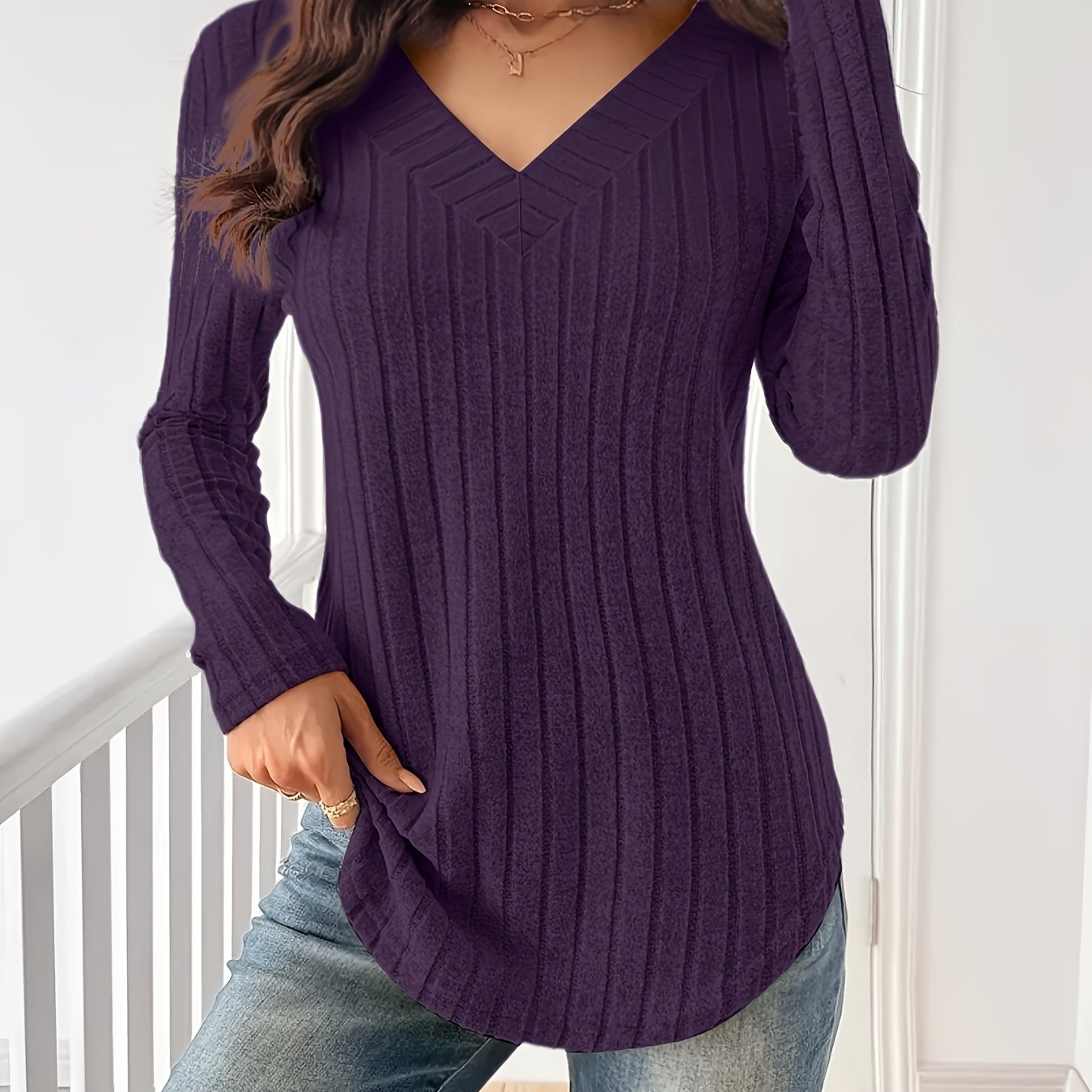 TEMU Women's Spliced V-neck Ribbed T-shirt - Soft Lightweight Stretch Fabric, Casual Long Sleeve Solid Color T-shirt, Machine Washable, Suitable For