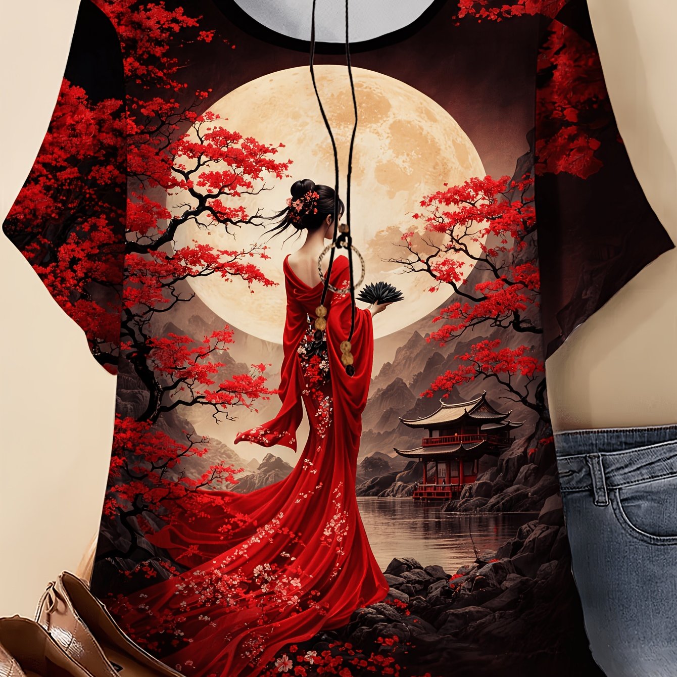Plus Size, Plus-size Women's Clothing- Comfortable Holiday Casual Elegant Style With 3d Printed Pattern Of Painted Figures And Cherry Elements, Women's Round-neck Short-sleeve T-shirt