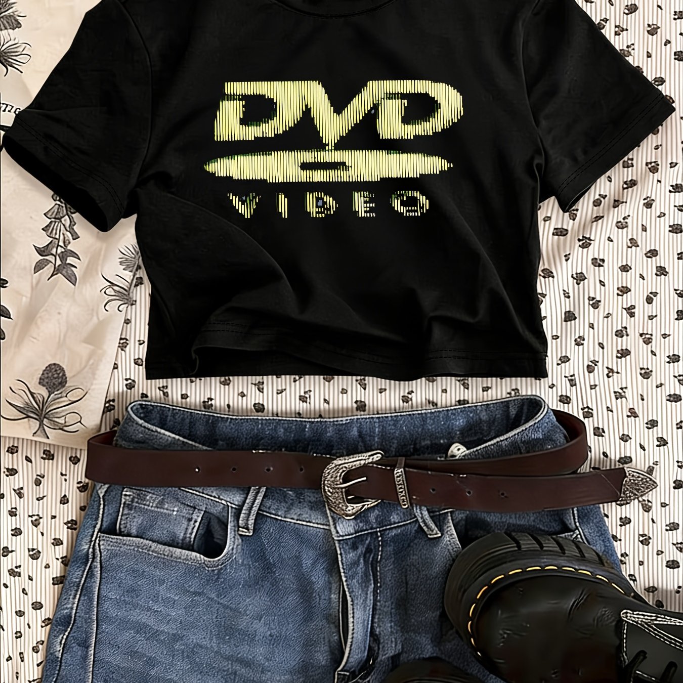 TEMU Retro 'dvd' Video Pattern Printed Short Sleeve, Short Round Neck T-shirt, Spring Summer Women's Wear, Casual, Smooth Soft Comfortable Fabric,