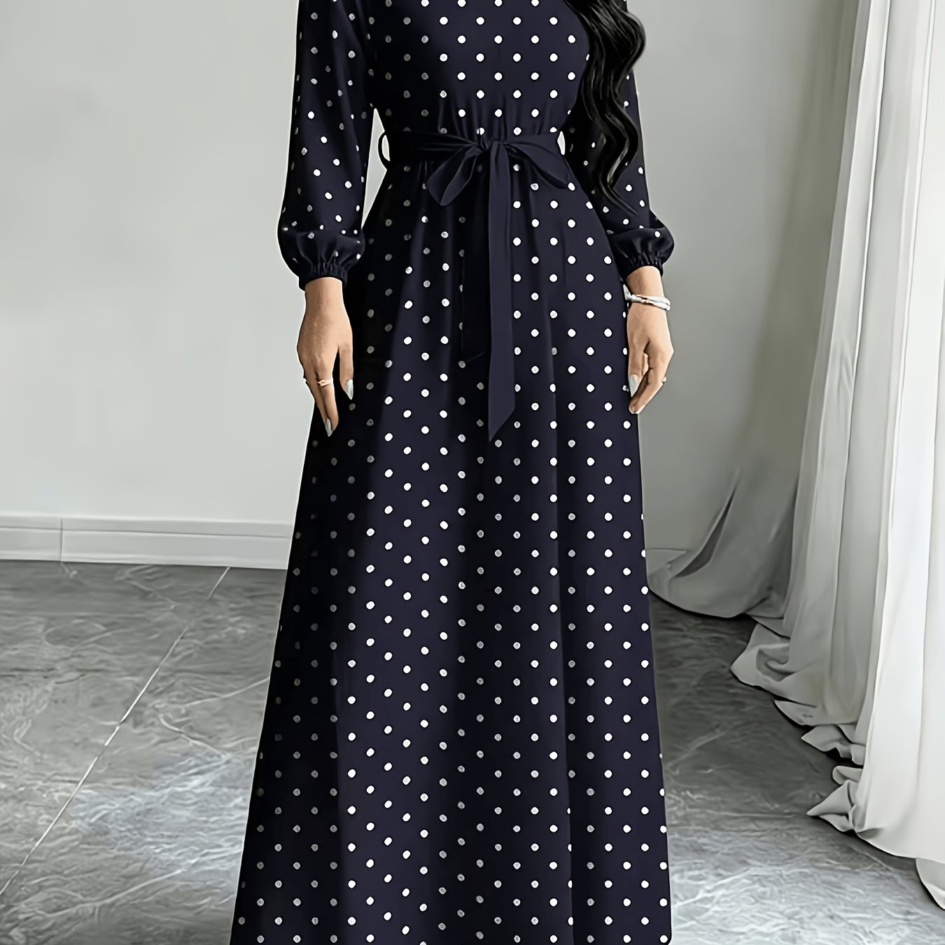 TEMU Elegant Women's Summer Dress, Long-sleeved Polka Dot Round Neck Dress, Summer Women's Dress, Casual Belted Waist Dress, Suitable For Casual