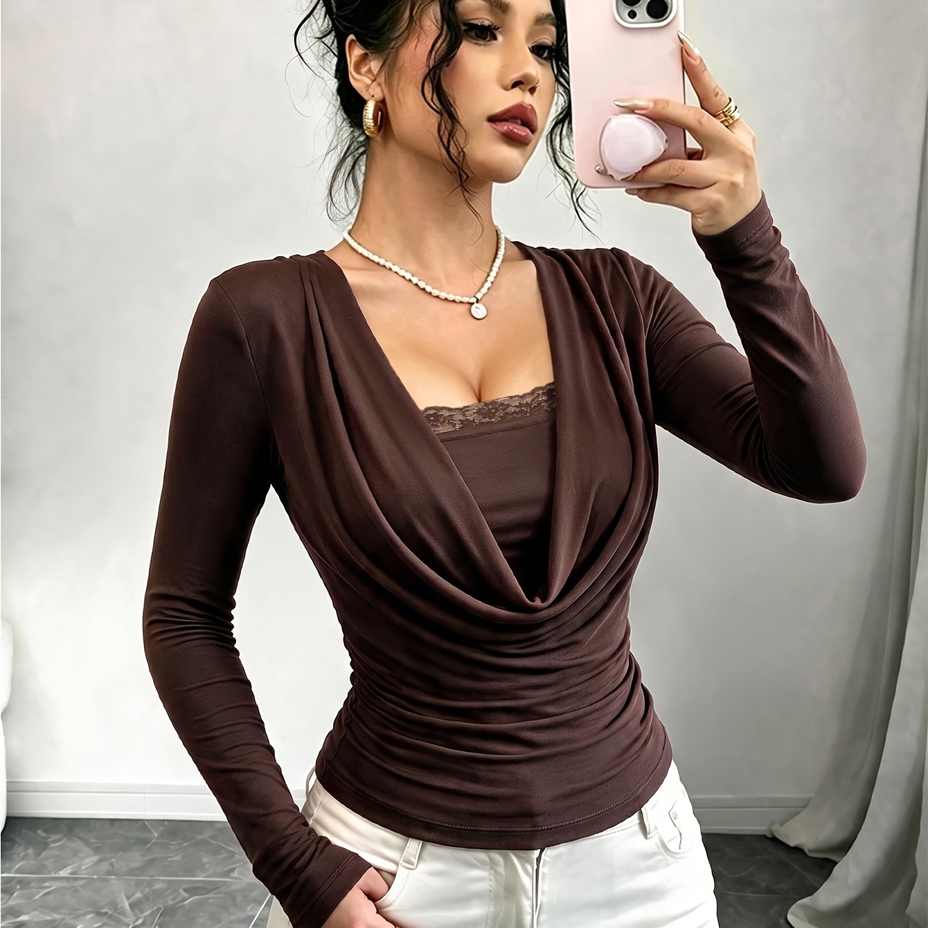 TEMU 2026 Nieuwe Retro Off-The-Shoulder Tweedelige Top Dames Ingebouwde Kant Elastische Taille Aansluitende Lange Mouw Sfeervolle Basislaag Blouse