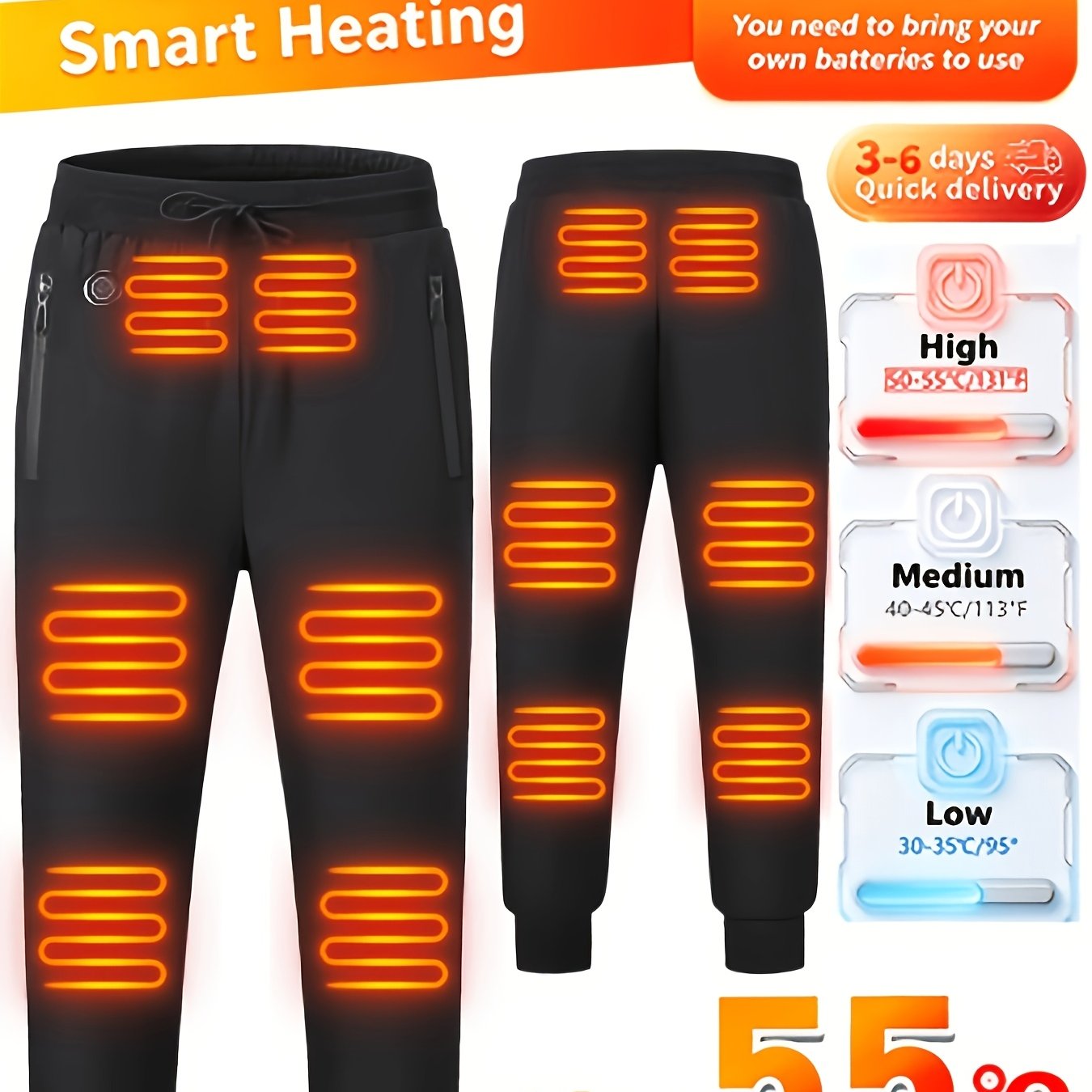 TEMU Men's Heated Pants With 12 Heating Zones, Usb Powered Electric Thermal Jogger Pants, 3 Heat Levels For Winter Work, Walking, Camping & Outdoor