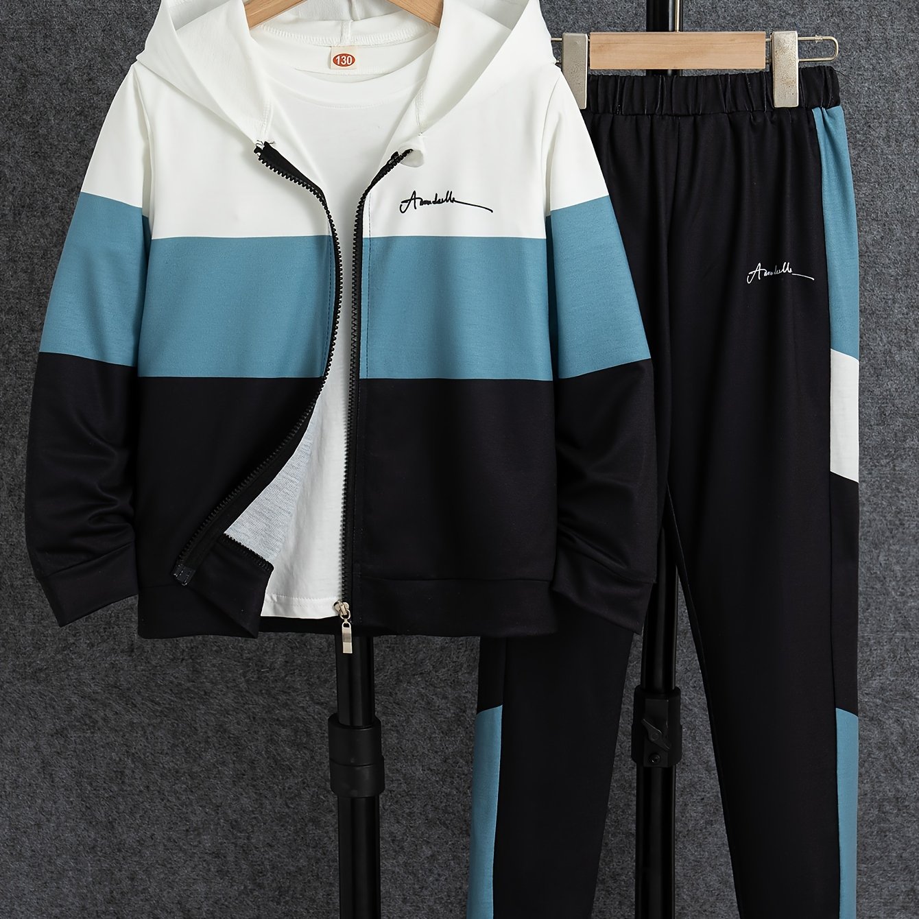 Image of Boys' Casual Outing Pattern Hooded Long Sleeve Top And Long Pants 2pcs Set, Boys' Long Pants Set For Spring/autumn, For Outdoor