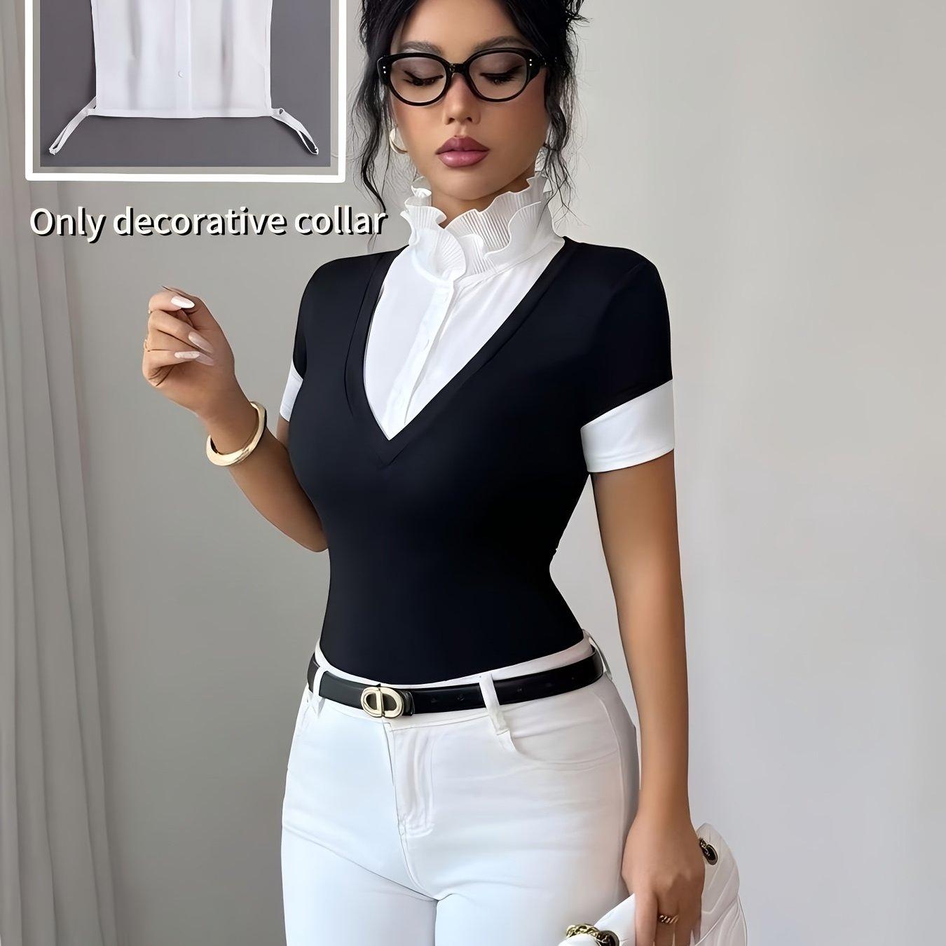 TEMU Notched Lapel Fake Collar With Lace High Neck Button Decor, Collar Overlay Fake Shirt Collar, 1pc