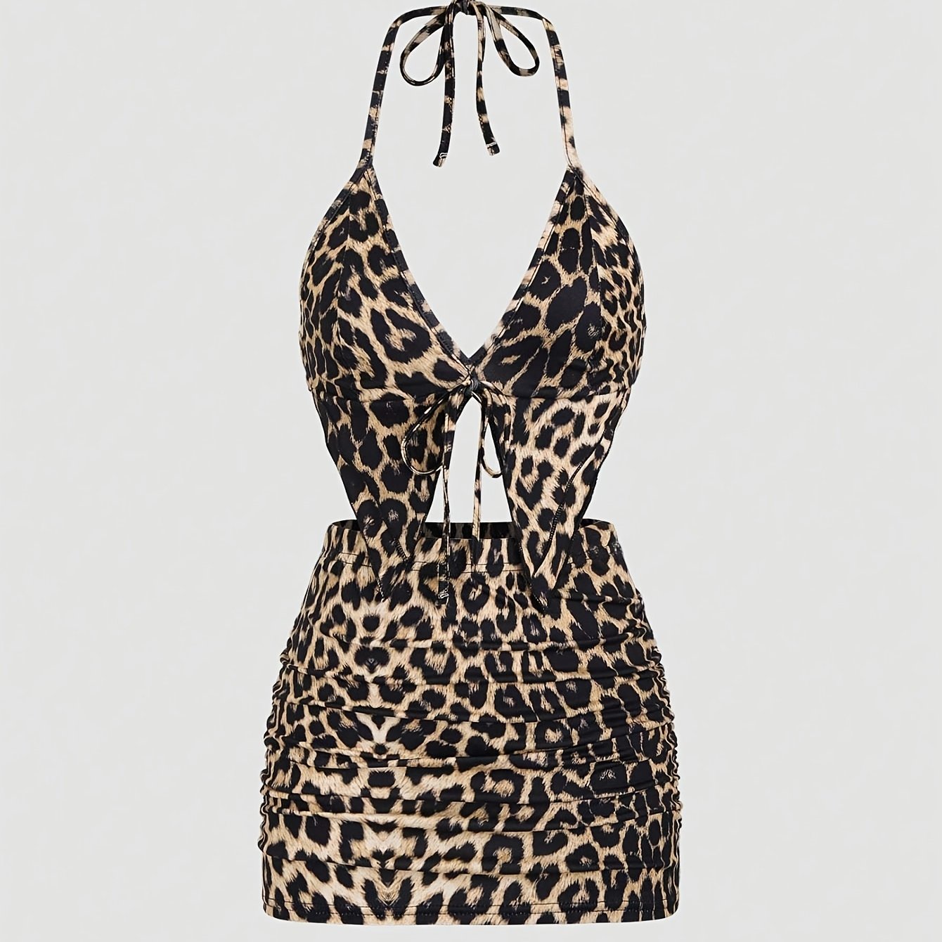 TEMU Women's Leopard Print Y2k Slim-fit Halter Neck Top And Hip-hugging Skirt Set