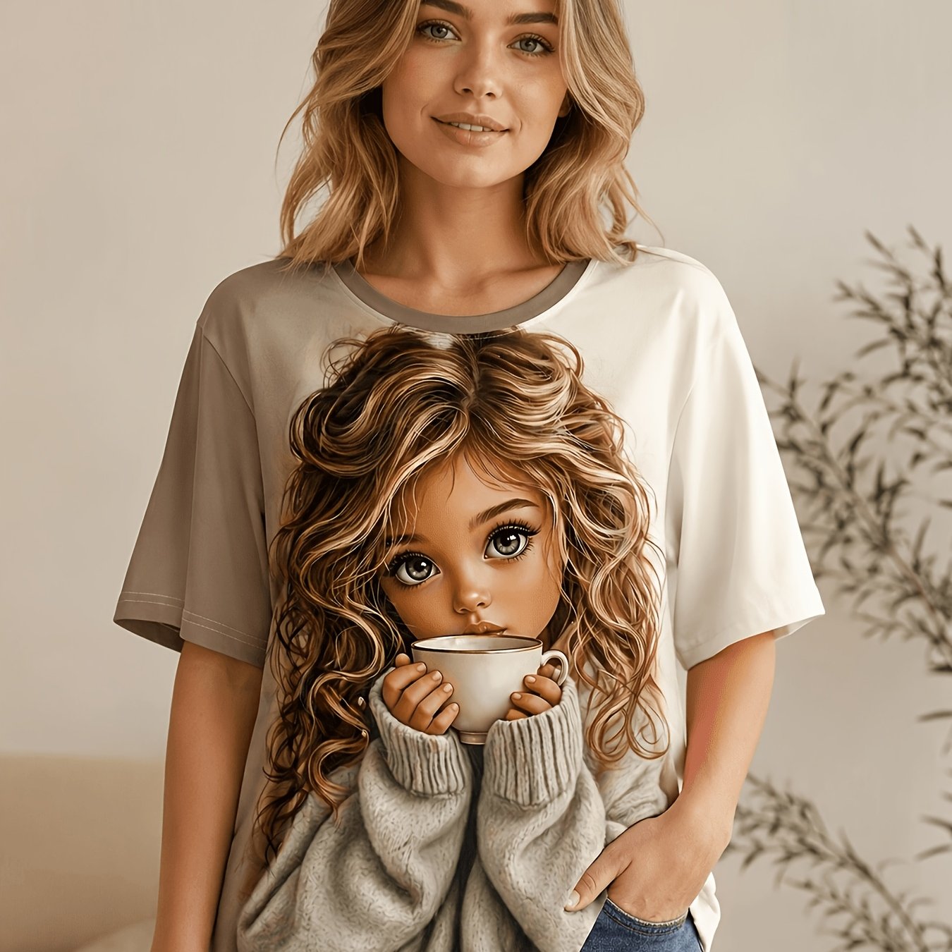 TEMU Plus Size - Plus Size - Plus Size Women's T-shirt Holding Coffee Cup In Sweater High Elasticity And Holding Cup Fashion Short Sleeve Women's