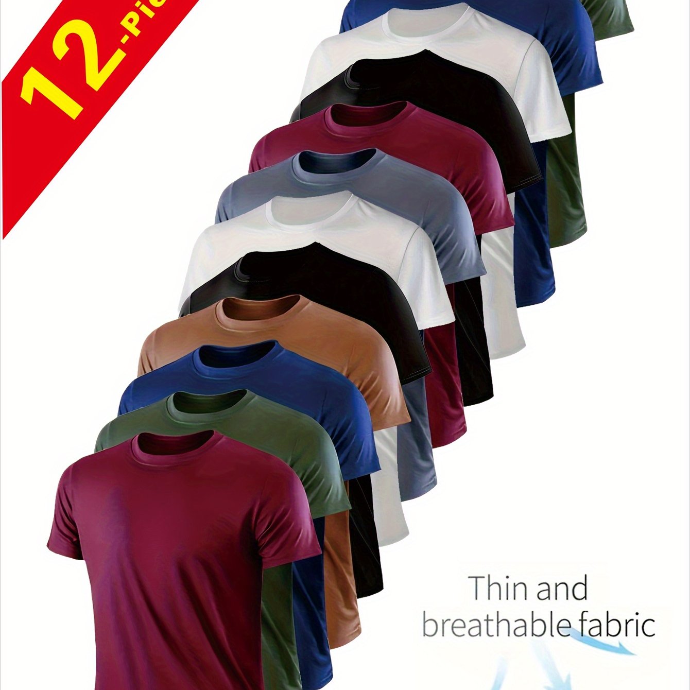 12pcs Men's Sports T-shirt - Quick Drying, Breathable, Moisture Wicking, Lightweight Round Neck T-shirt, Multiple Colors, Suitable For Gym, Running And Fitness, Polyester Fiber Fabric, Sports Shirt