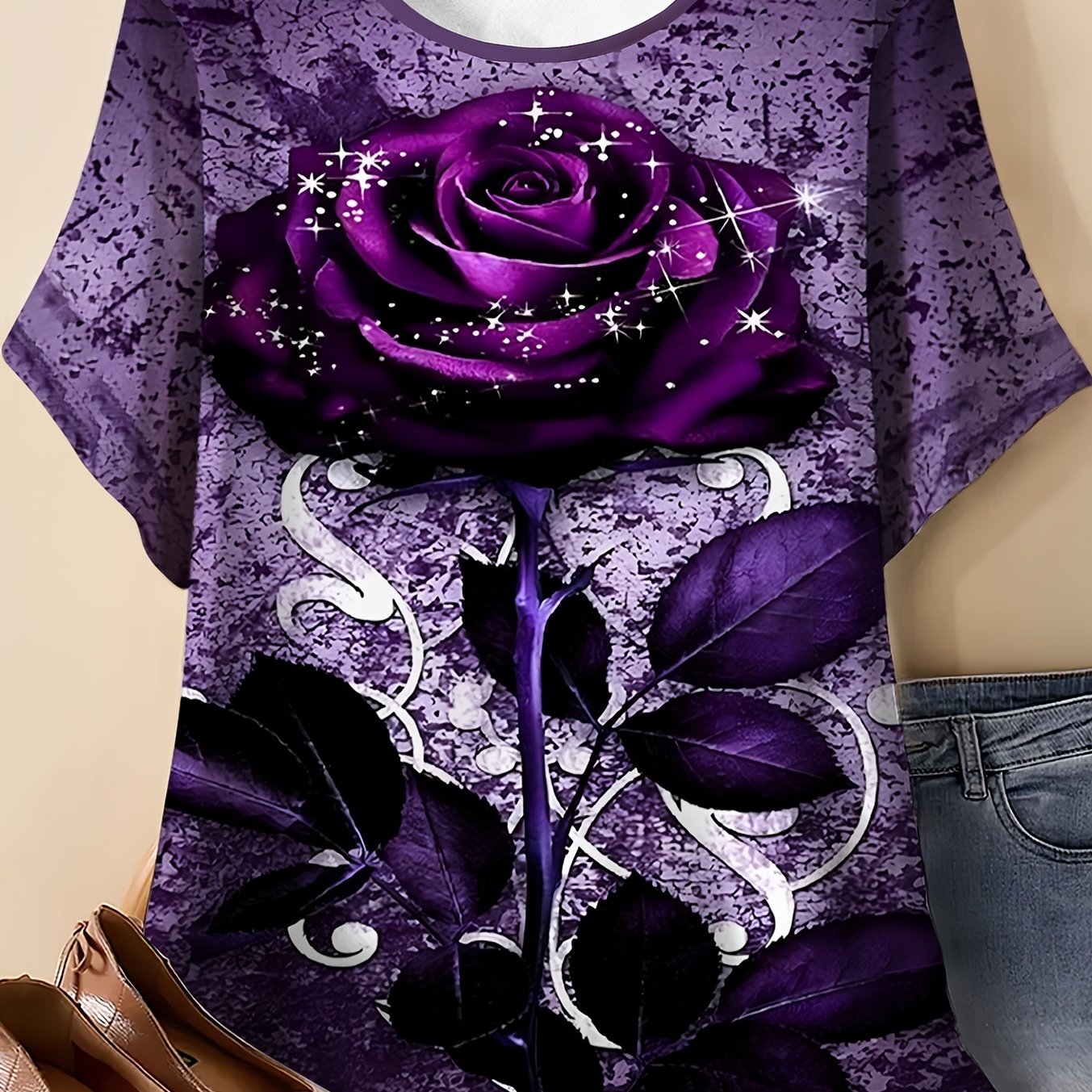 Image of Plus Size - Vintage Distressed Rhinestone Purple Rose Print Short-sleeve Loose-fitting Plus-size Round-neck T-shirt, -luxury Casual Top For Women