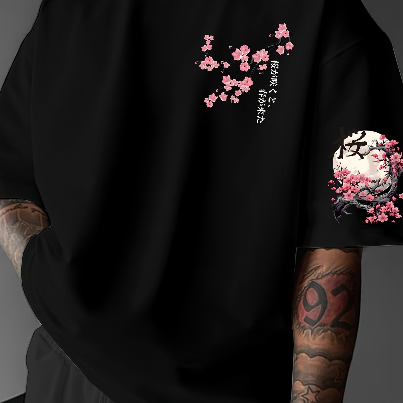 TEMU Chinese Style Cherry Print T-shirt, Japanese Text, Big Size Men's Round Neck Short Sleeve, Plus Size