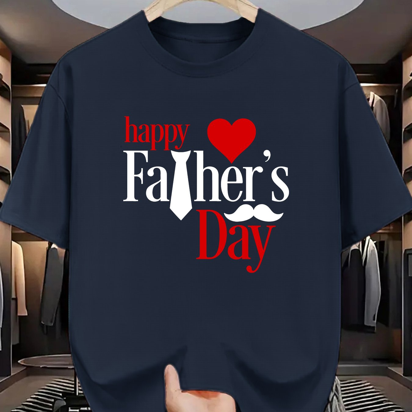 TEMU Men's Casual Crew Neck T-shirt, Polyester, Regular Fit, Summer Tee With "happy Father's Day" Graphic Print, Short Sleeve, Knit Fabric, Casual
