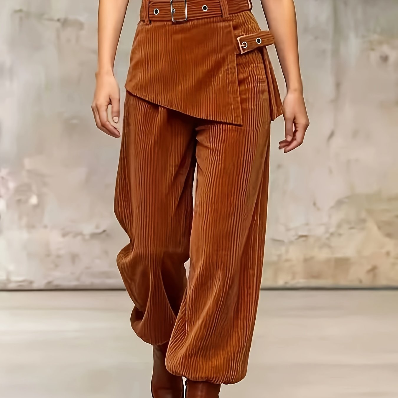 TEMU European And Brown Tie Waist-split Corduroy Pants, Niannian's Collection
