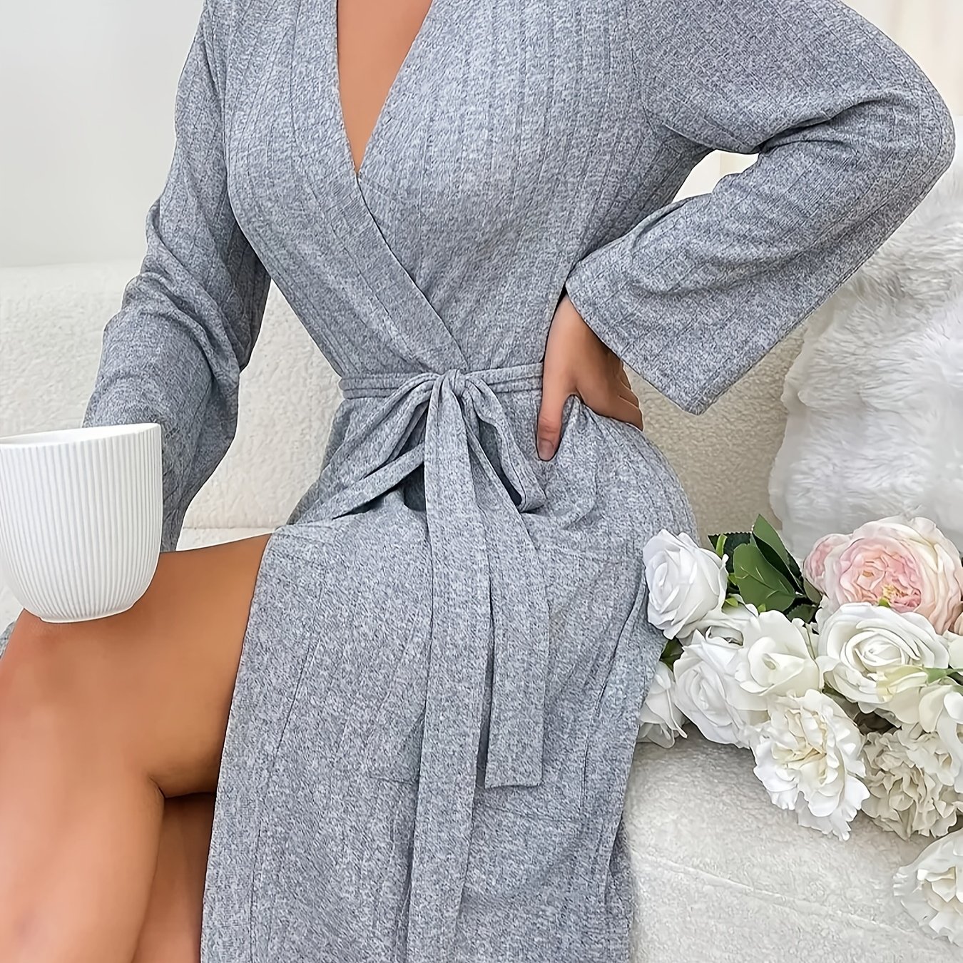 Image of Elegant Light Gray Women's Bathrobe - Long Sleeves, V-neck Tie Belt Detail, Soft, Machine Washable - Chic And Comfortable Clothing For