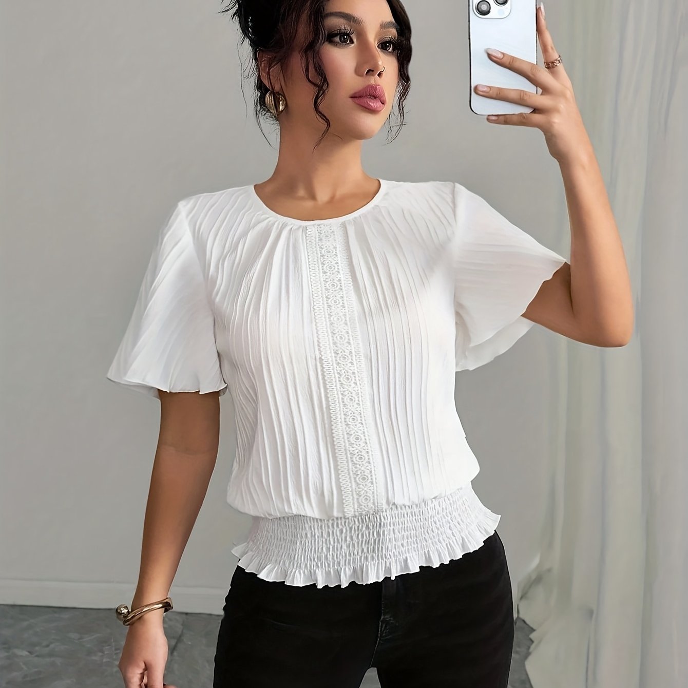 E-shop Damenmode Elegantes Lässiges Rundhals Kurzarm Spitzen Patchwork Einfarbiges Oberteil