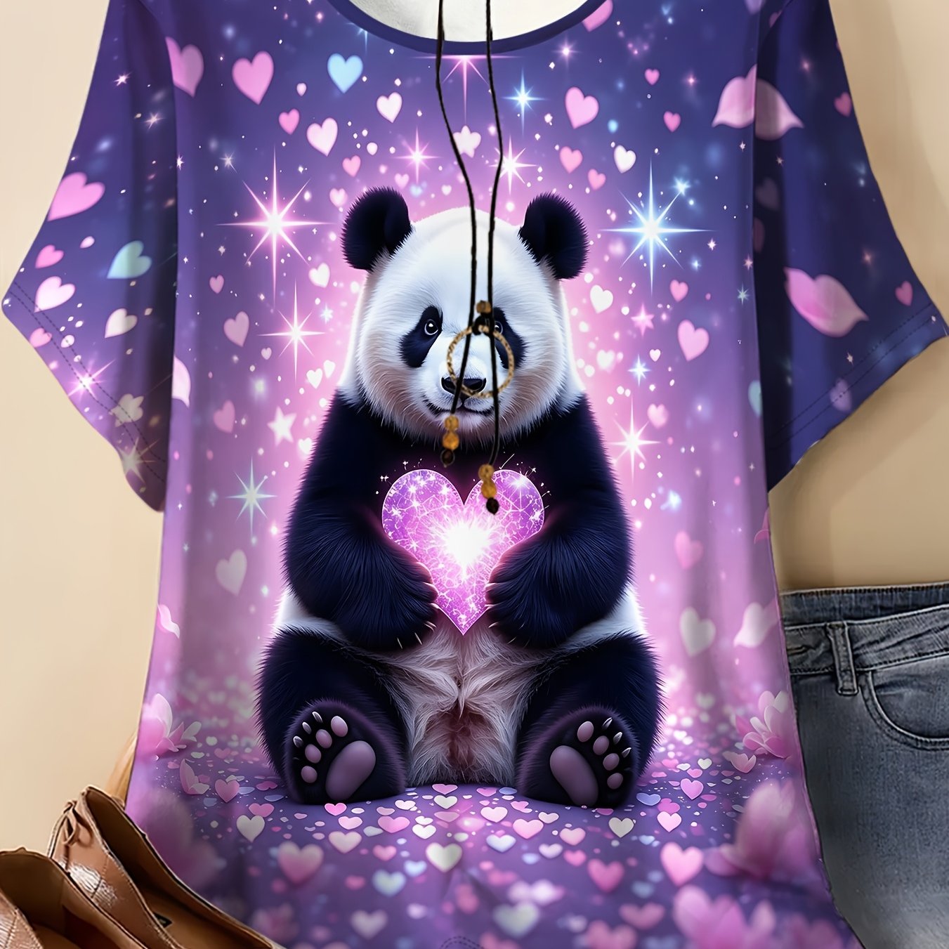 TEMU Women's Plus Size Round Neck Short Sleeve T-shirt, Heart-shaped Panda Print, Soft And Comfortable Casual Top