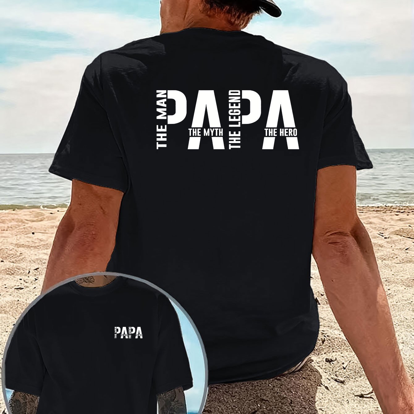 TEMU Men's Papa Themed T-shirt - Double-sided Print Short Sleeve Shirt With Front/back Papa Lettering, Breathable Round Neck Casual Top Suitable For