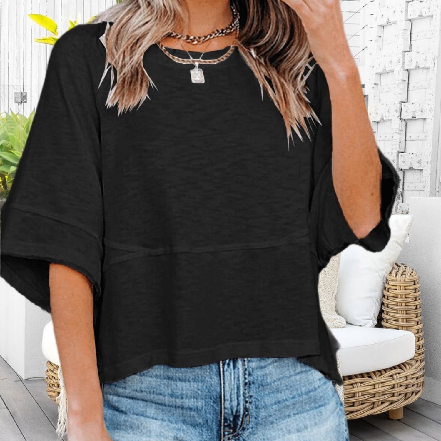 Women's Summer Solid Color Crewneck Batwing Half Sleeve T-shirts Loose Fit Flowy Basic Cute Blouses