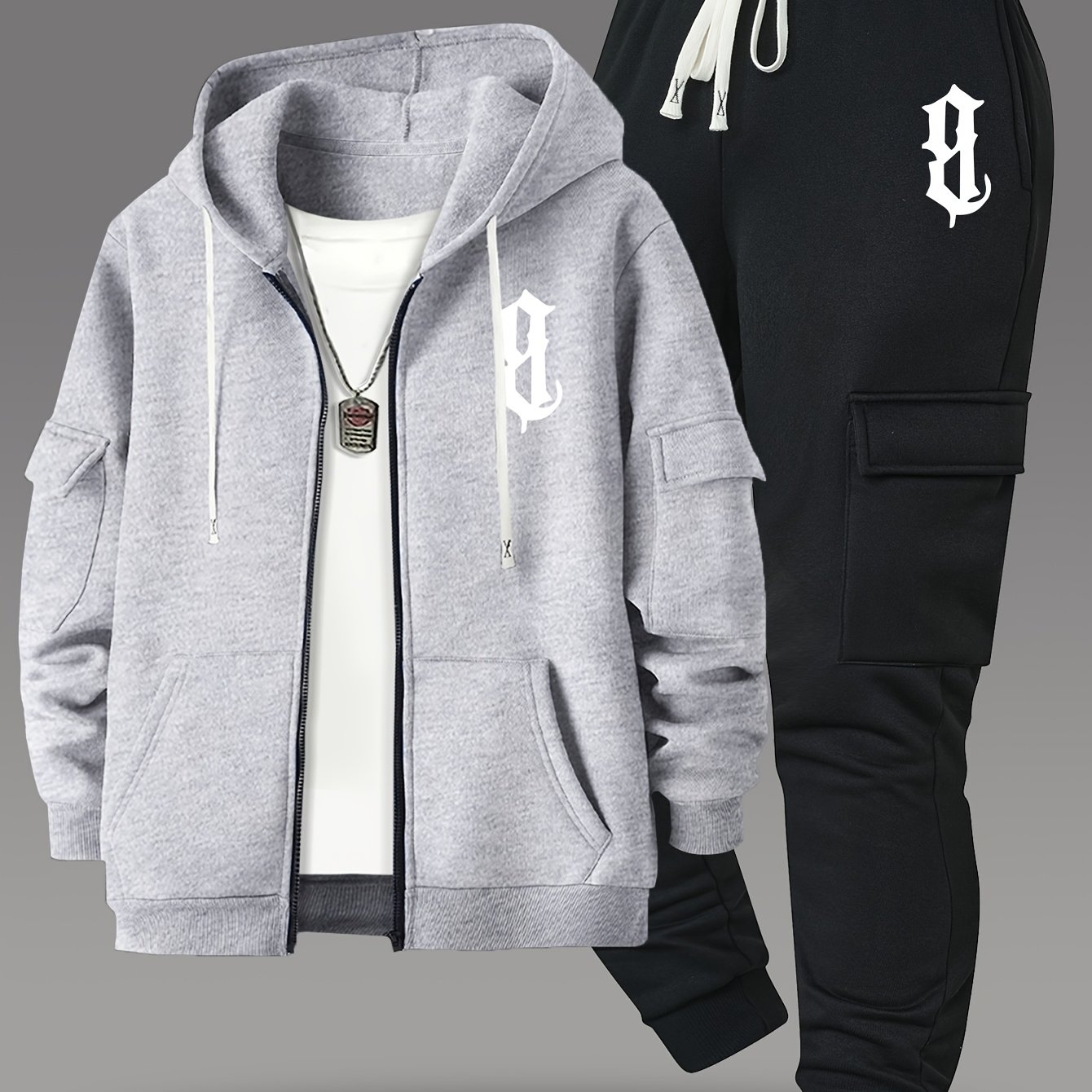 TEMU Fashion Zip-up Hoodie And Loose-fit Cargo Pants With Multiple Pockets, Casual Daily Comfortable Versatile Breathable Drawstring Zip-up Hooded