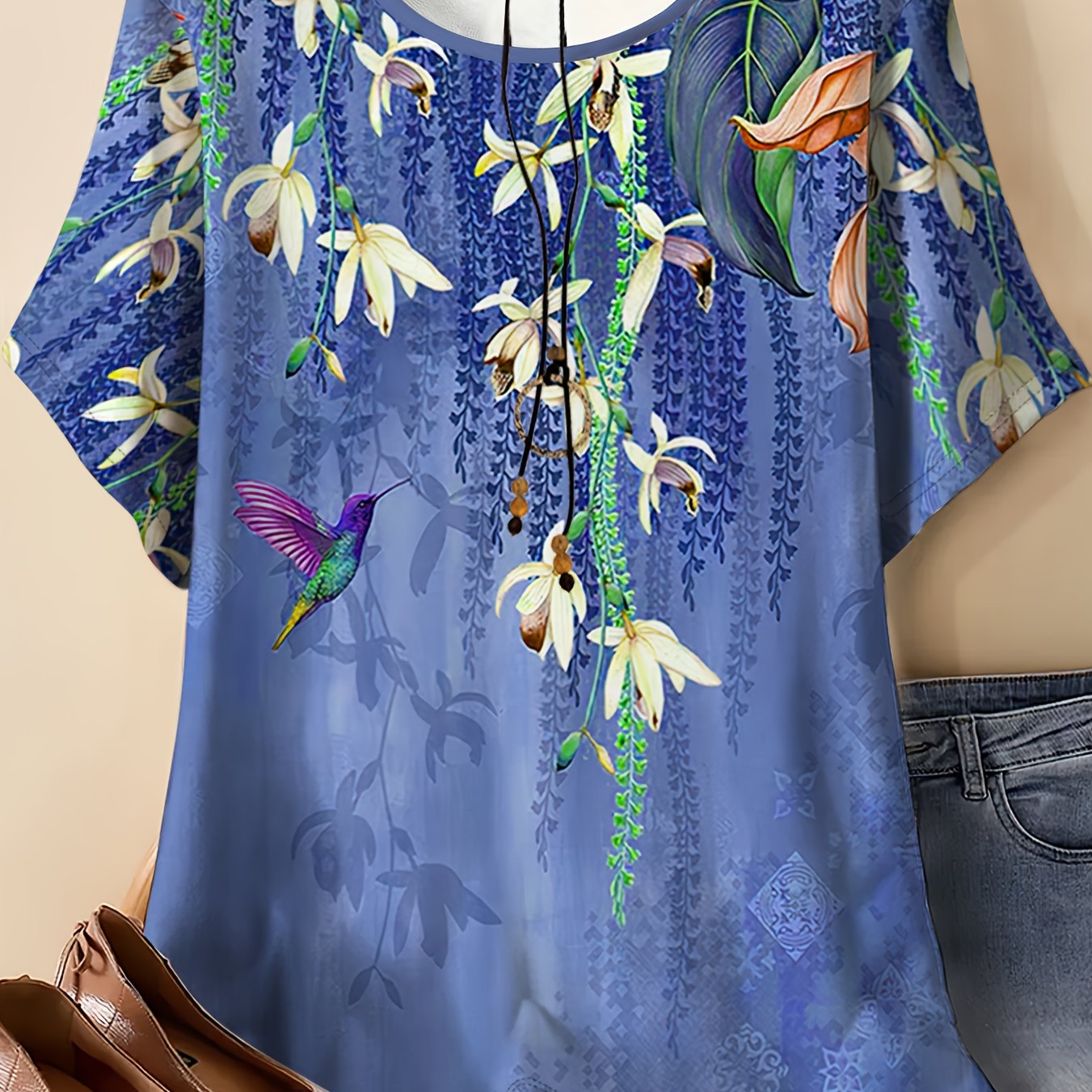 TEMU Plus Size Women's Blue Rainforest Floral Crew Neck Loose T-shirt: Featuring A Gradient With An Print Of Cascading White Floral Vines And Green