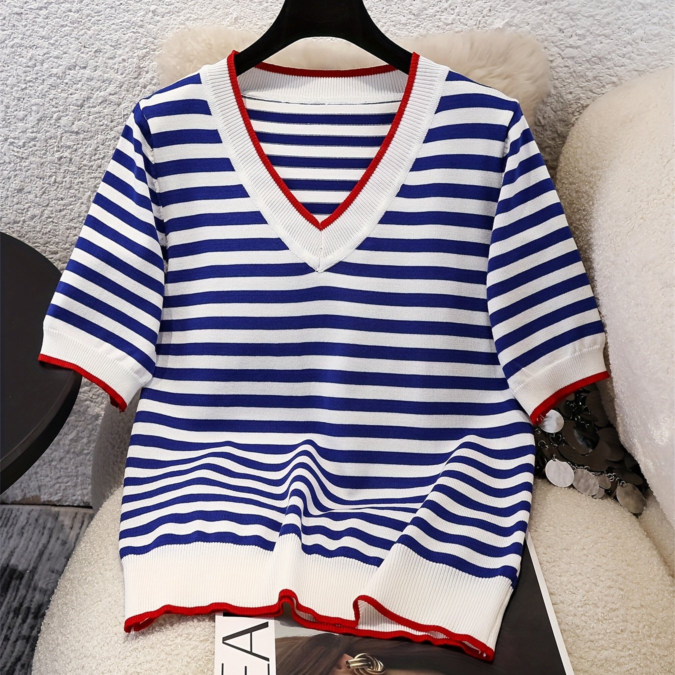 2025 Summer New Contrast Striped Short Sleeve T-shirt Women's Casual -neck Short Sleeve Top