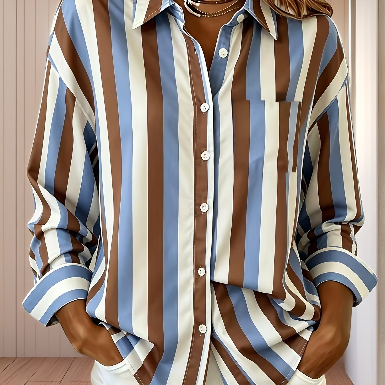 TEMU Camisa de mujer de larga con solapas, estampado de diseño a rayas y cuadros, de tela cómoda sin - Elegante para el trabajo, desplazamientos, uso