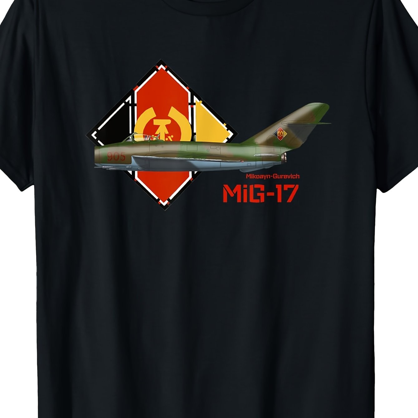Image of Men's Gurevich Mig-17 Aviation-themed T-shirt - Iconic Aircraft Print, Casual Round Neck Short Sleeve Tee Suitable For Wear, Machine Washable For Aviation Enthusiasts & Everyday Outfits