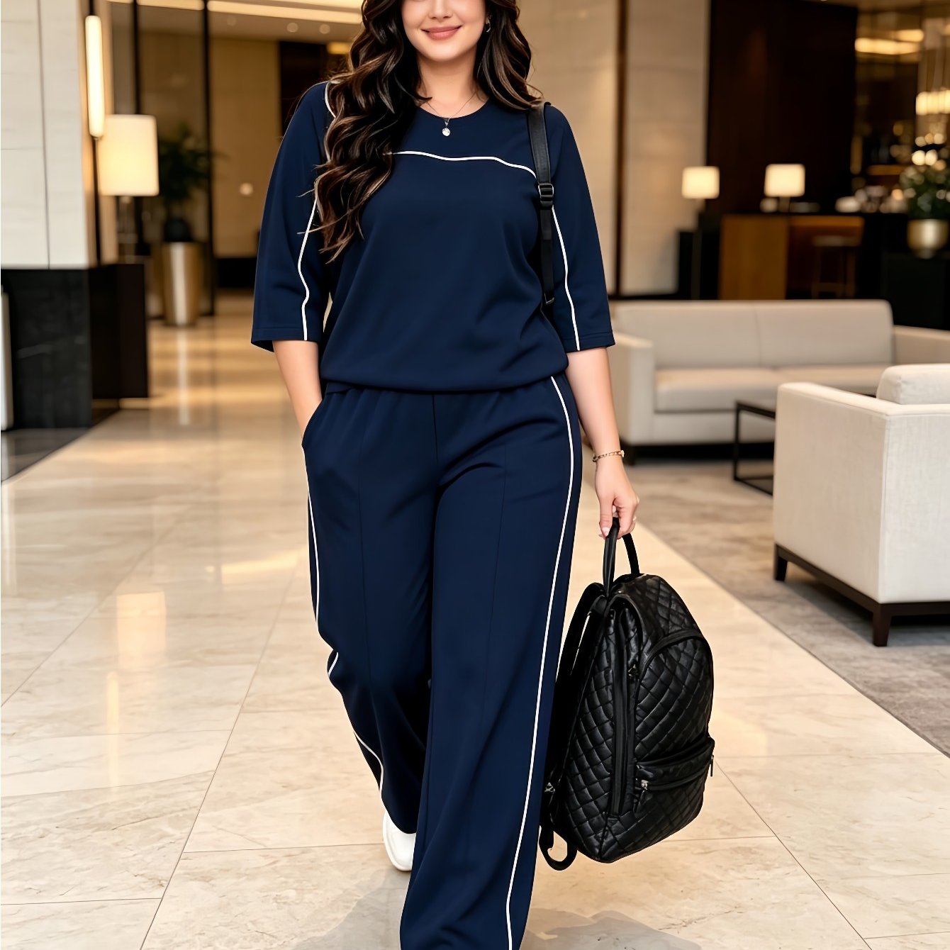 Spring/summer Plus Size Women's Neck 3/4 Sleeve T-shirt & Casual Daily Elastic Waist Loose Long Pants 2pcs Set, Visual Elegant